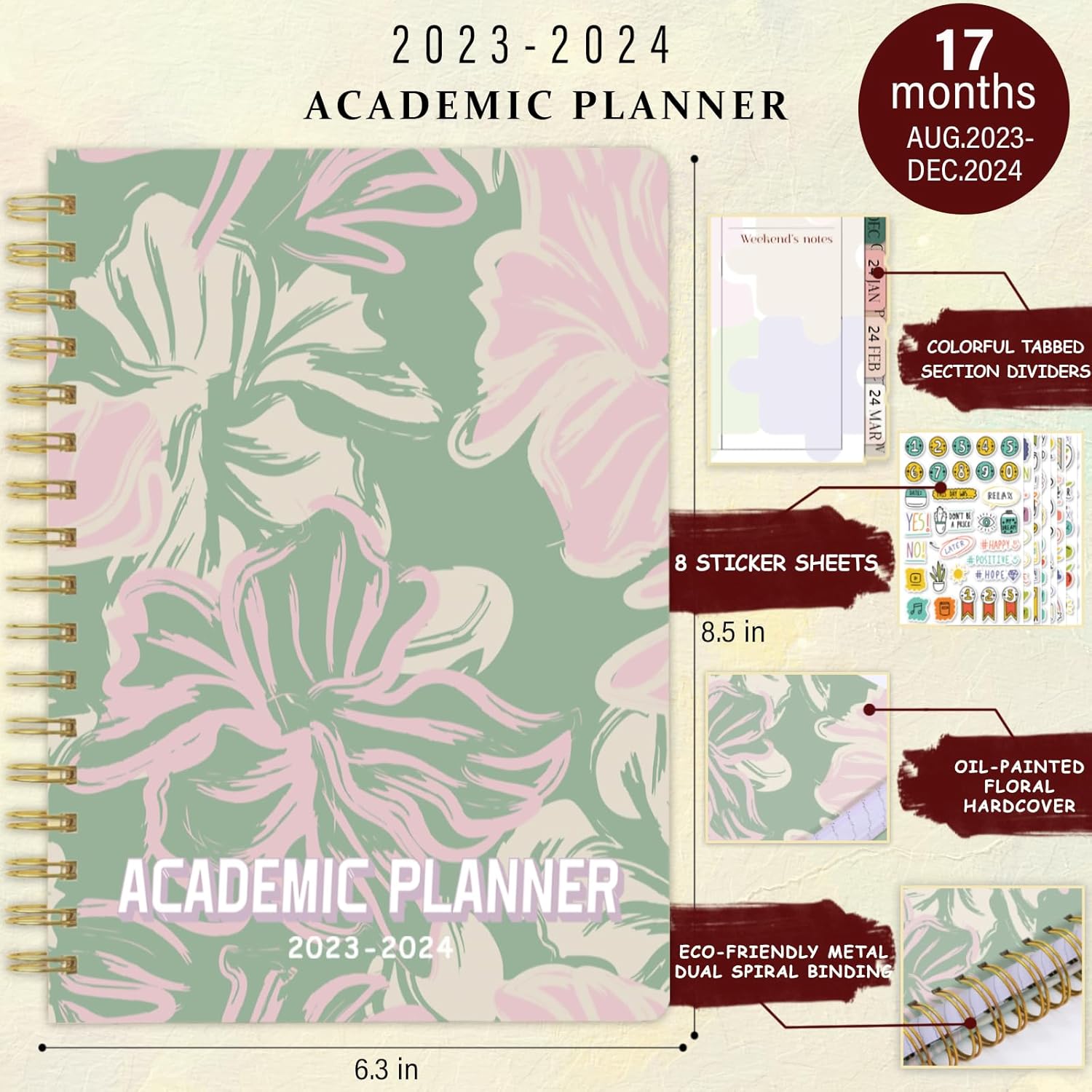 Planificador académico 2024, planificador escolar 2024-2025, año académico, planificador estudiantil de 17 meses de agosto de 2023 a diciembre de