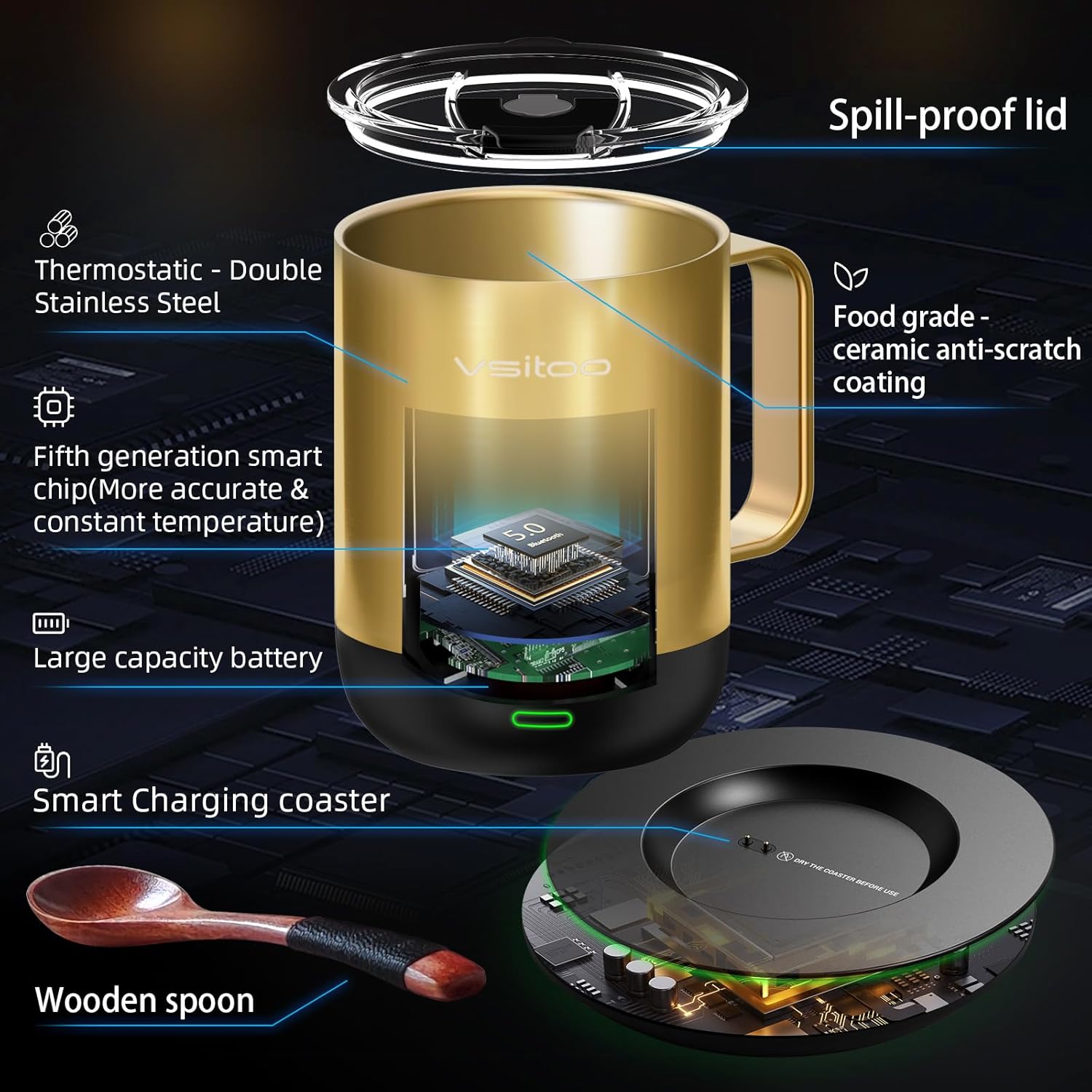 VSITOO S3PRO – Taza de café térmica con control de temperatura, 14 onzas, taza de viaje inteligente con calentador de café controlado manual y por