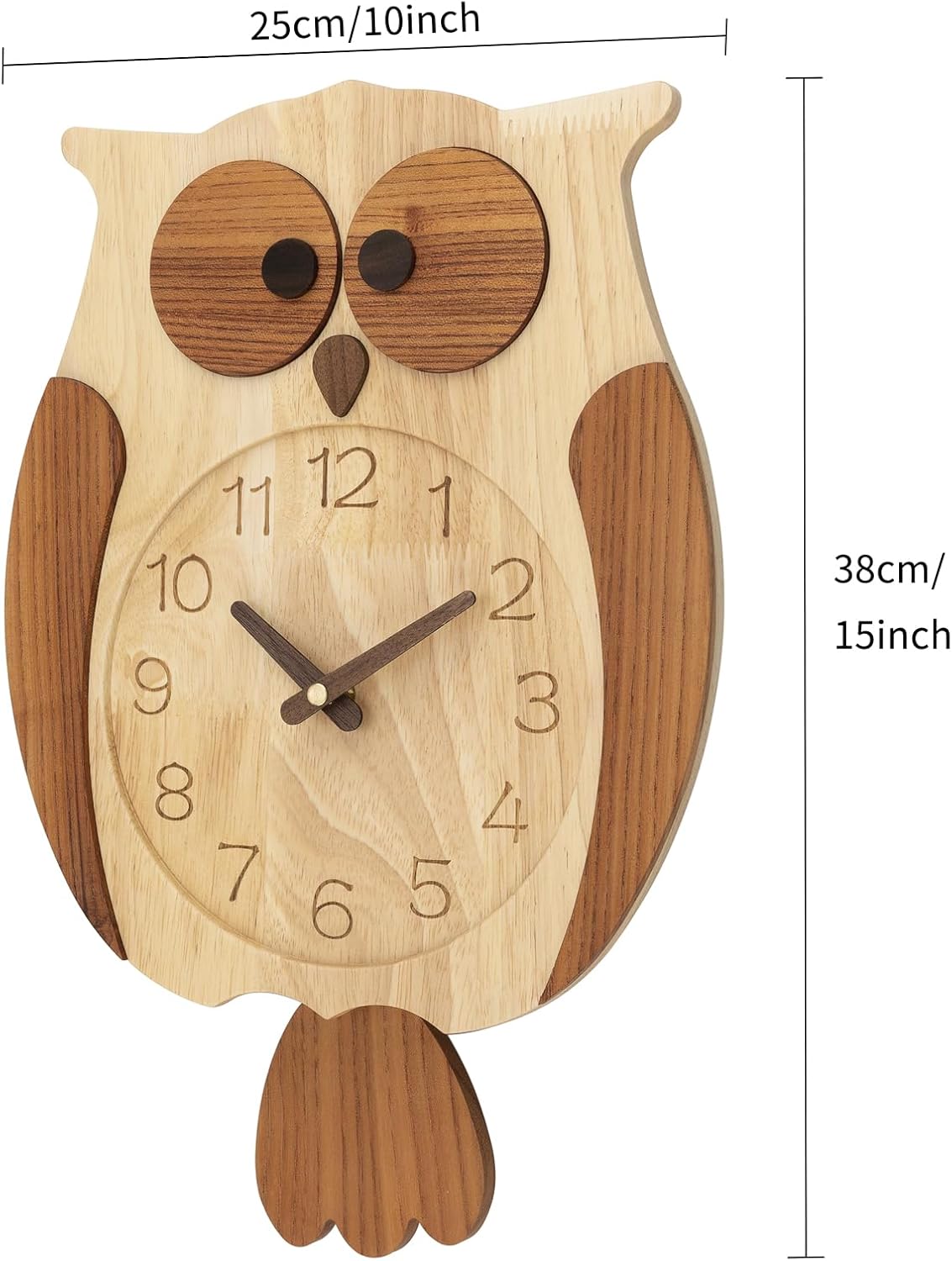 Reloj de pared de búho decorativo de madera Clolck sin tictac, funciona con pilas, reloj de péndulo de madera para sala de estar, dormitorio,