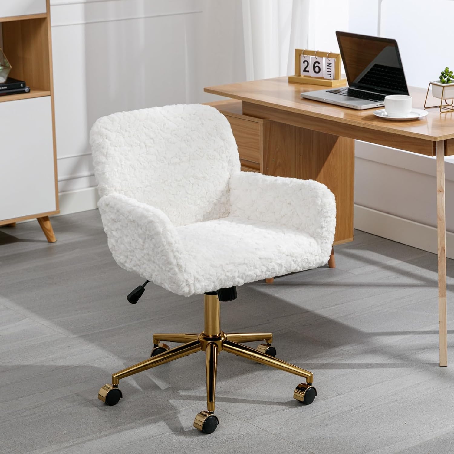 Silla de tocador blanca, silla de escritorio, pequeña silla giratoria ajustable para maquillaje en casa, linda silla con forma de carcasa con patas