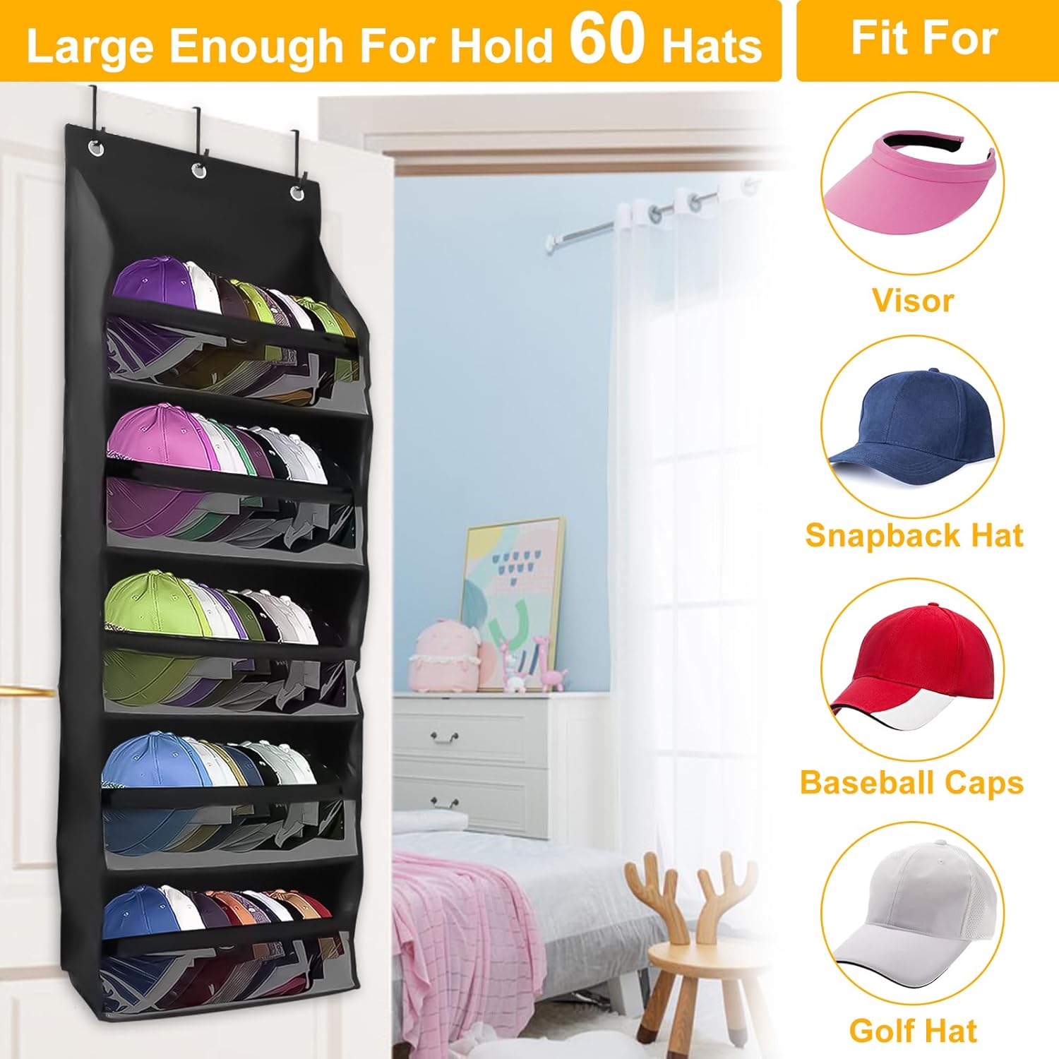 Percheros para sombreros de puerta para gorras de béisbol, organizador de sombreros con bolsillos profundos para armario o pared para 72 sombreros,