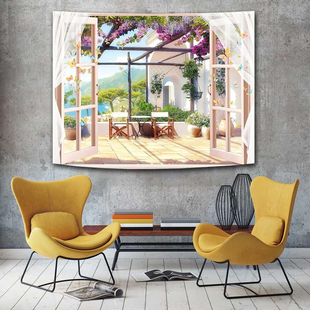 Ine Ive Tapiz de jardín de balcón con vistas al mar y montaña, tapiz de ventana de escena de 40 x 30 pulgadas, tapiz de pared de paisaje natural