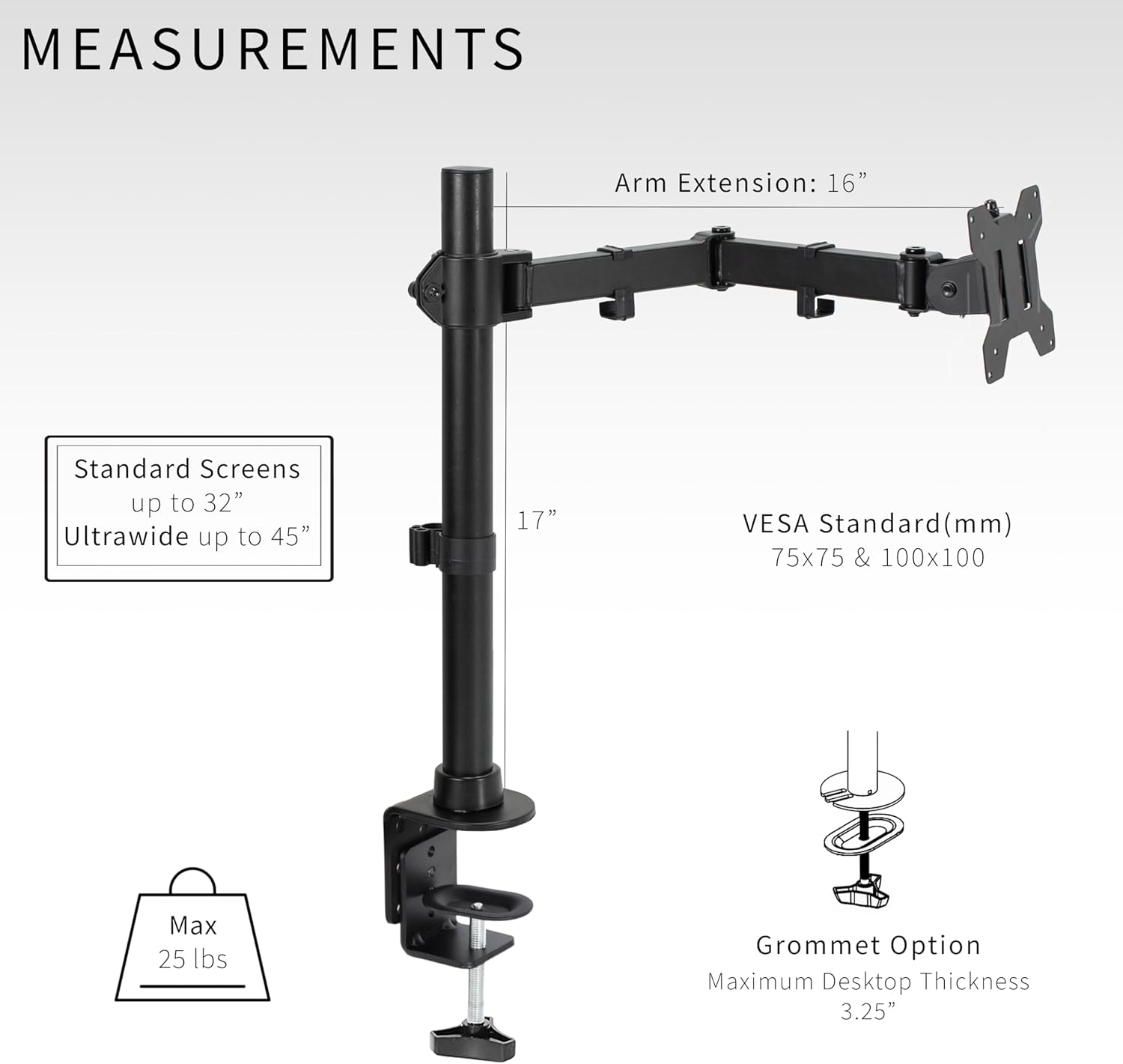 VIVO Soporte de escritorio con brazo para monitor grande, soporta pantallas de hasta 45 pulgadas, soporte totalmente ajustable con abrazadera en C y