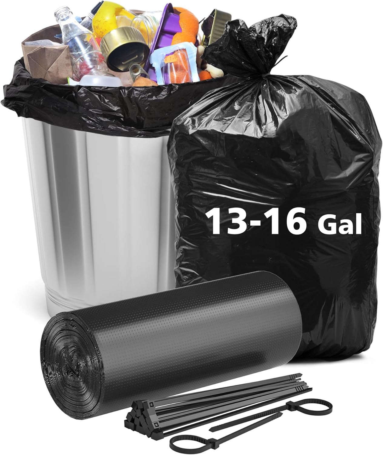 AYOTEE – Bolsas de basura altas para cocina, bolsas de basura de 13 a 16 galones, bolsas de reciclaje de 16 galones con lazos, bolsas de basura