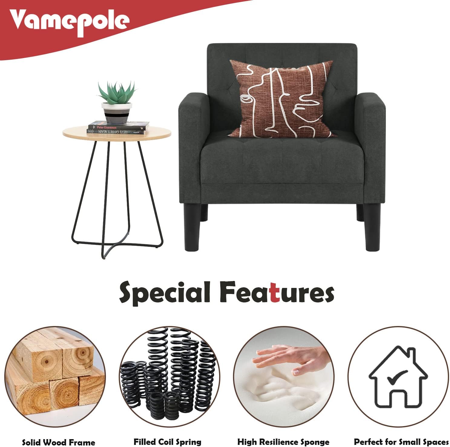 VAMEPOLE Silla decorativa, cómoda silla de sala de estar, acogedora silla decorativa copetuda moderna de mediados de siglo, silla tapizada con brazo