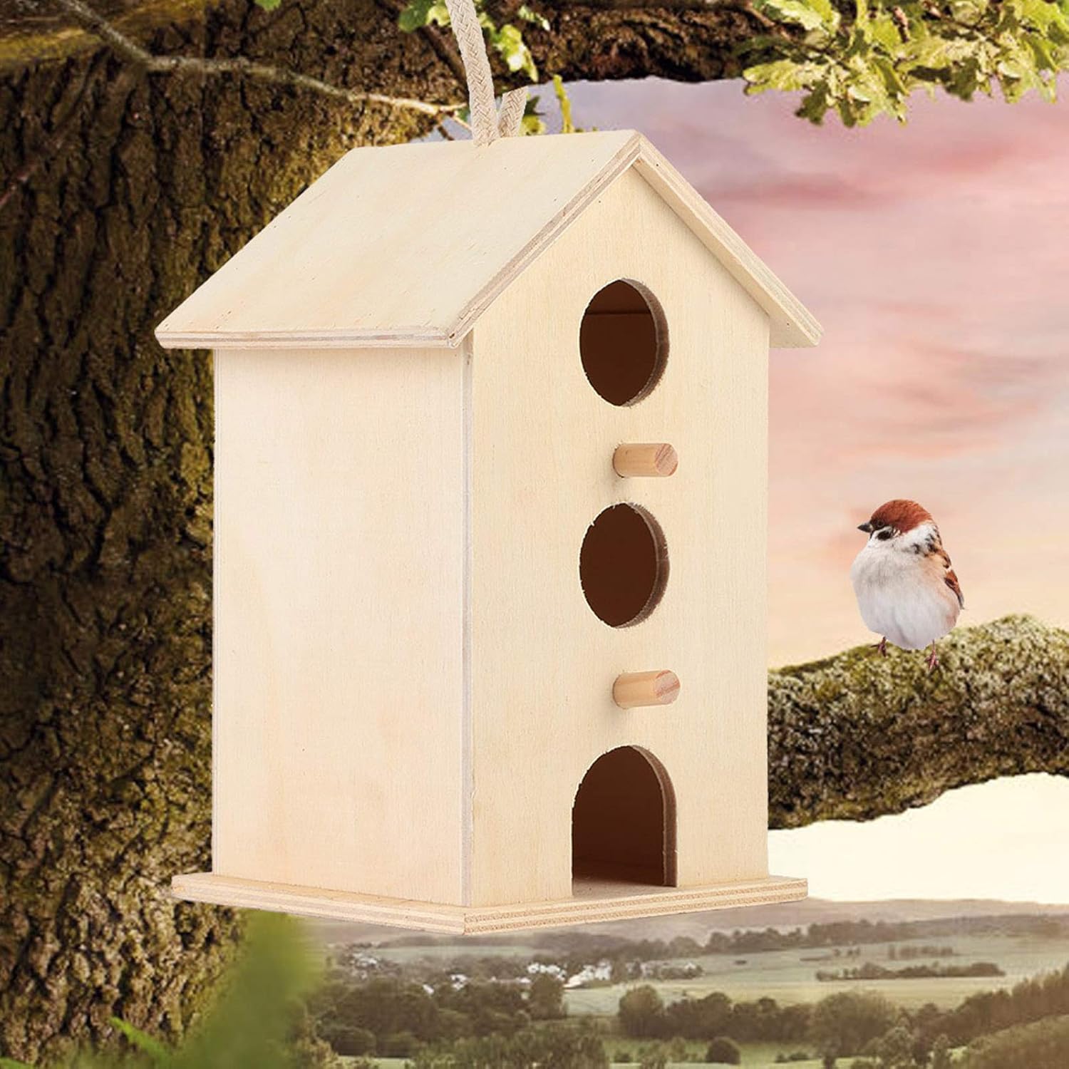 Fydun Hanging Wooden Bird Nests House Breeding Resting Box Supplies Outdoors Garden for Parrots Hanging Wooden Bird Nests for Family
