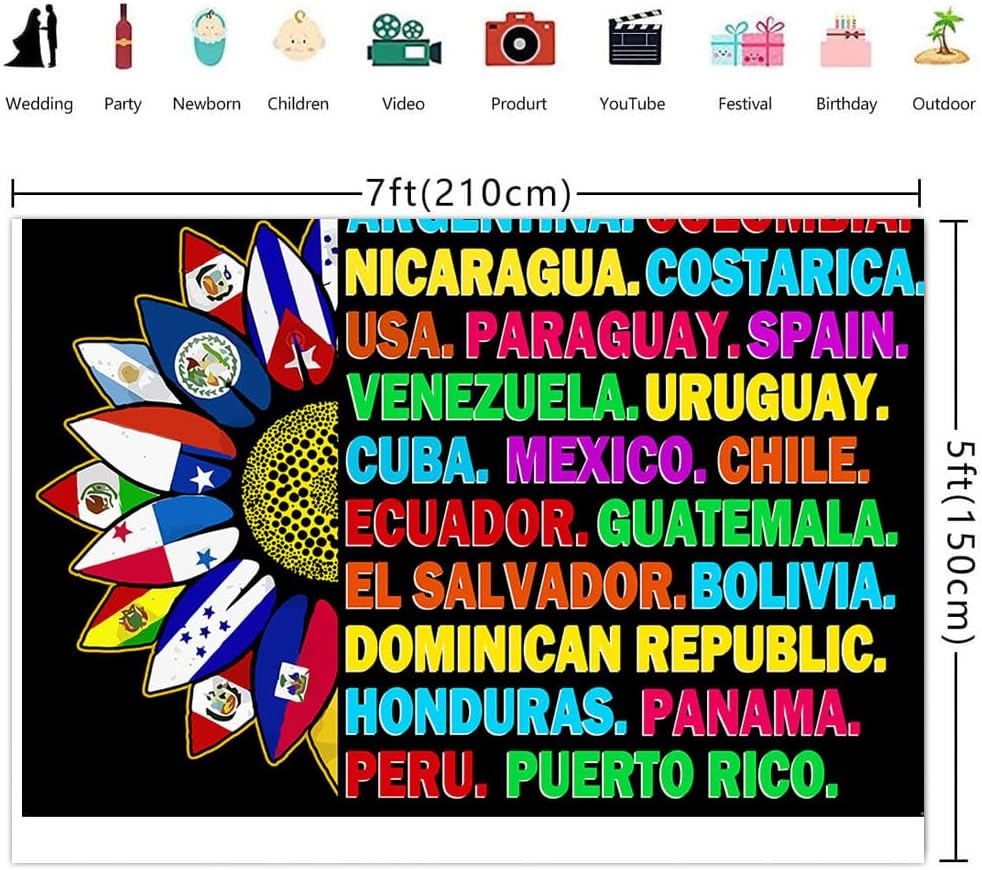 Ticuenicoa Fondo del Mes de la Herencia Hispana de 7 x 5 pies, pancarta del Mes de la Herencia Hispana, decoraciones latinoamericanas, aulas de