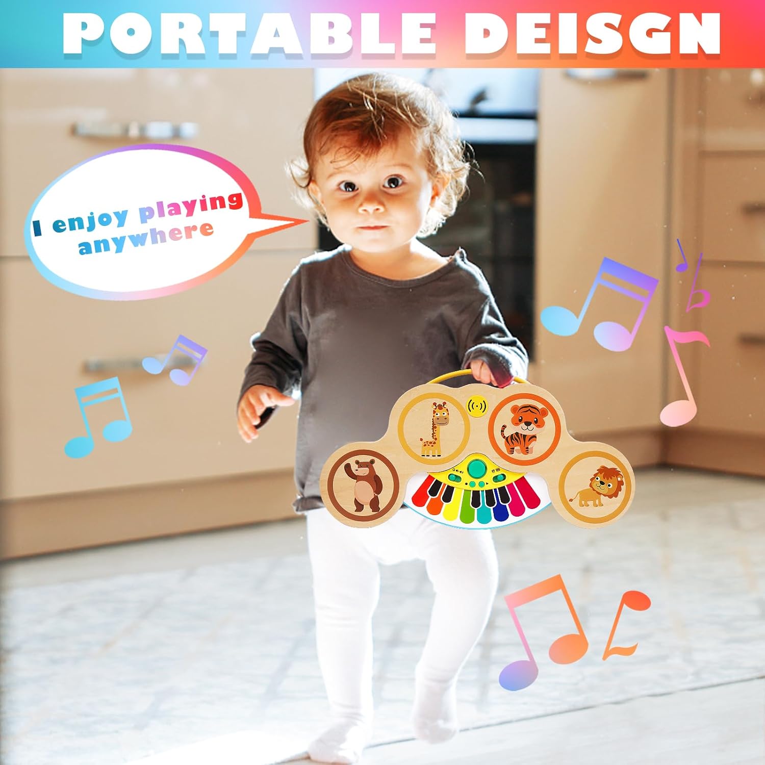 Juego de piano de tambor para bebés y niños, 2 en 1, instrumentos musicales Montessori, juguetes para niños pequeños con canciones y luces,