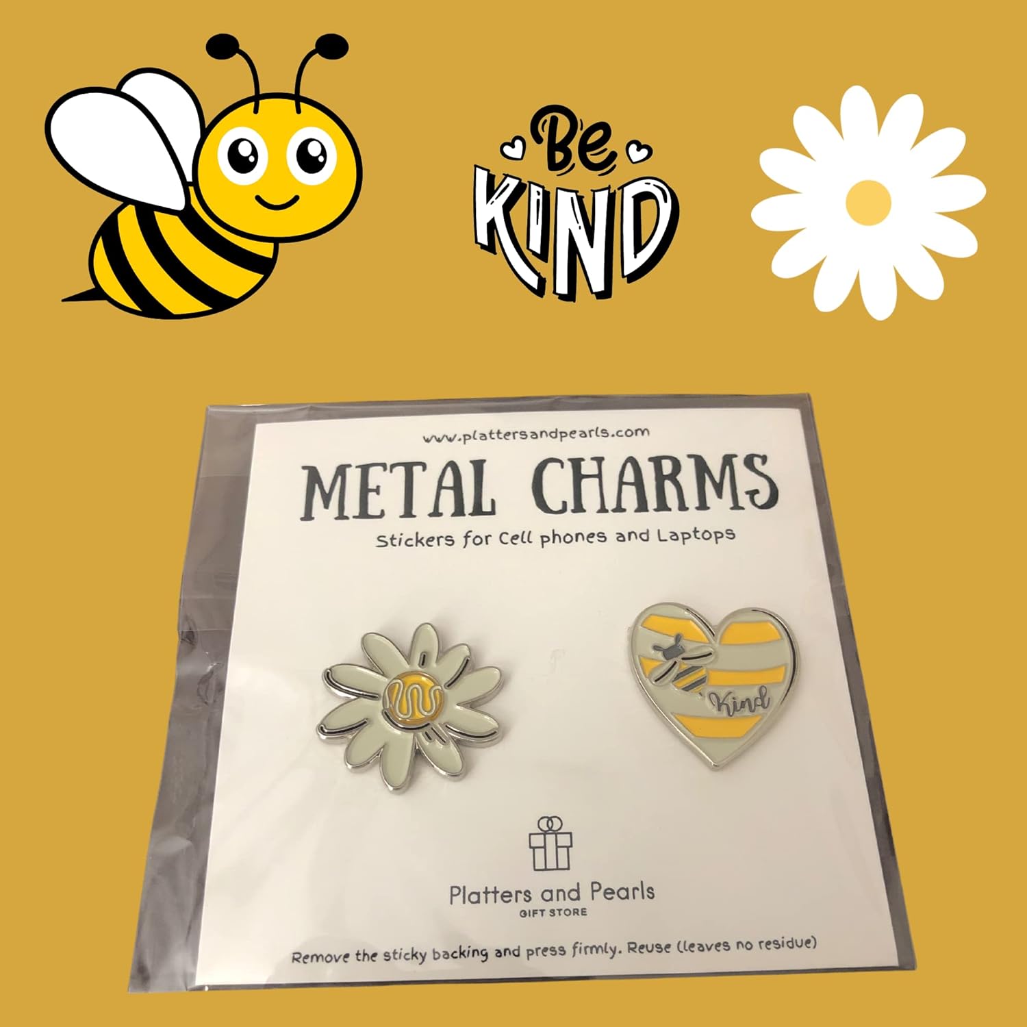 Pegatinas de metal para fundas de teléfonos celulares. Corazón amarillo y flor blanca. Juego de 2 hojas reutilizables y extraíbles sin residuos. Bee