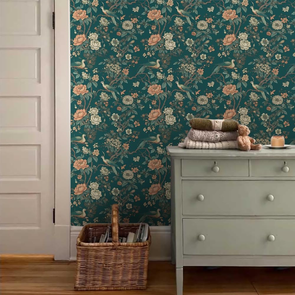VistaPalette Papel tapiz autoadhesivo autoadhesivo de 18 x 236 pulgadas, diseño de flores, pájaros y grúas, papel de contacto extraíble, fácil de