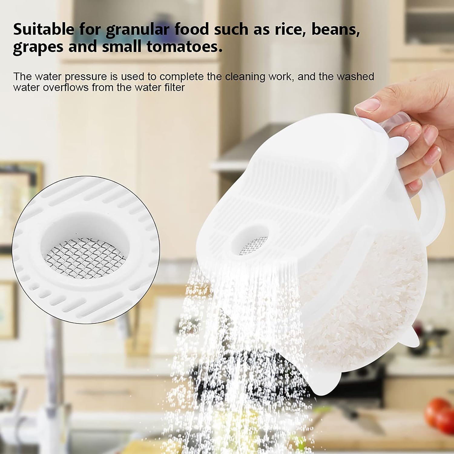 Cuenco colador para lavadora de arroz, colador de limpieza de arroz portátil, colador de cocina con mango para arroz, frijoles, uvas y tomates
