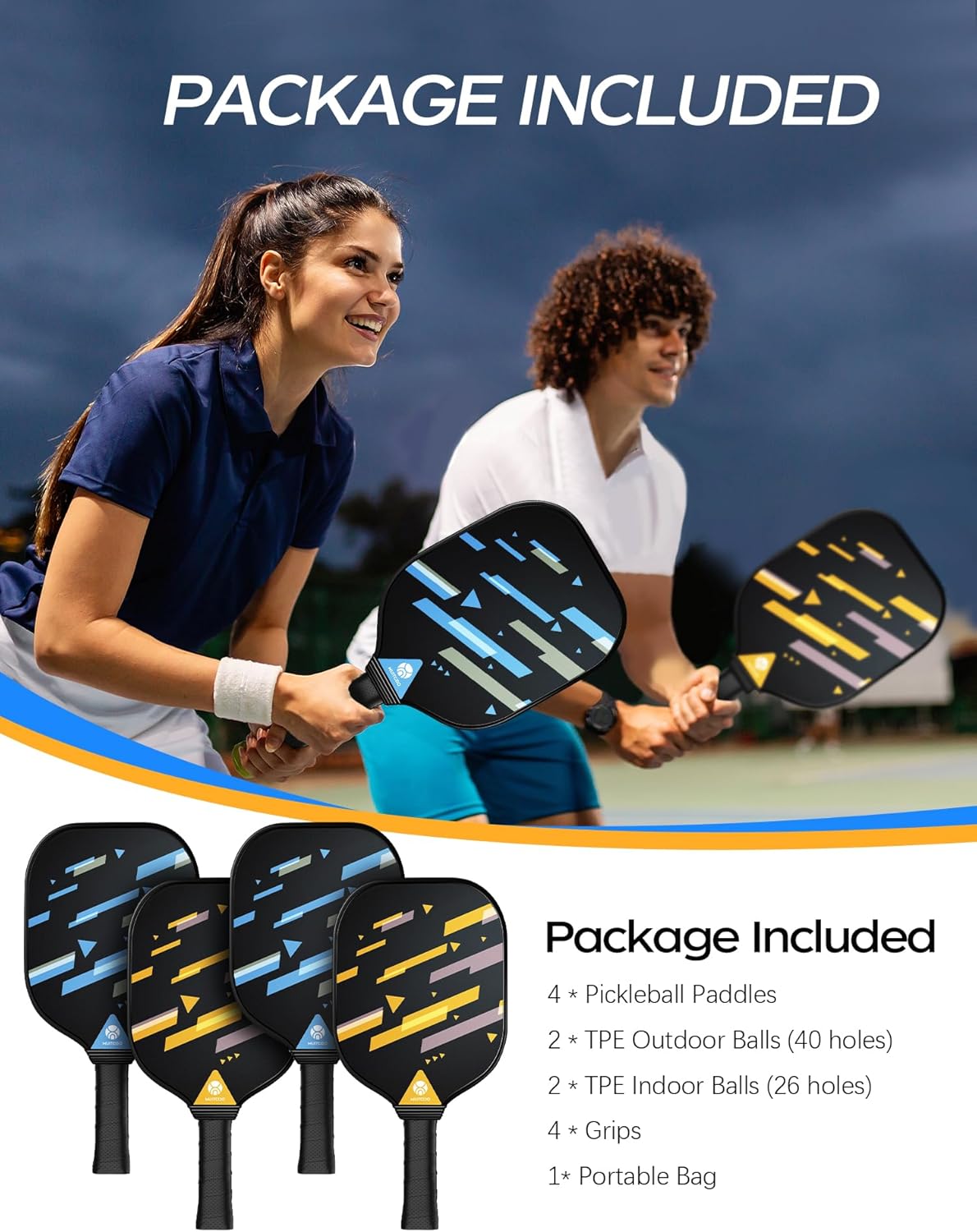 Pickleball Paddles Set of 4, USAPA Approved Pickleball Set with 4 Balls and 1 Carry Bag 4 Replacement Grips, Light Pickleball Rackets for Beginners