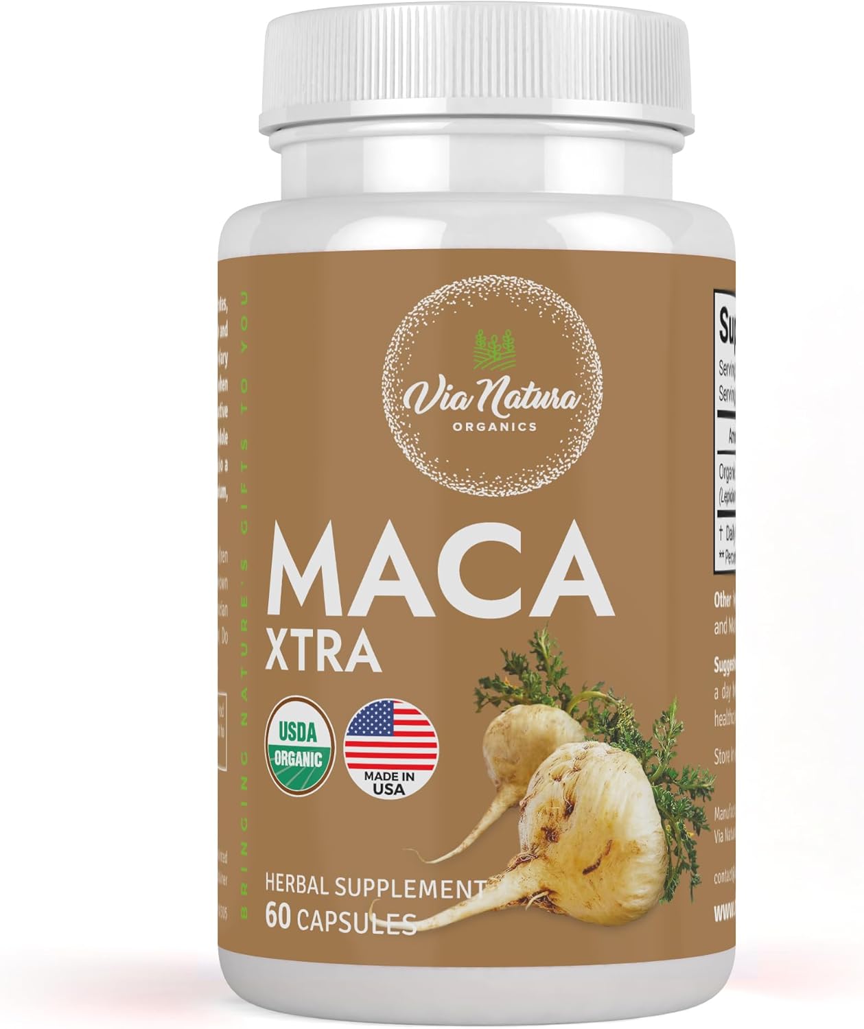 Via Natura Organics Maca Xtra Cápsulas 1000mg  Suplemento de hierbas orgánicas  Fuente natural de aminoácidos hierro y magnesio  60 cápsulas