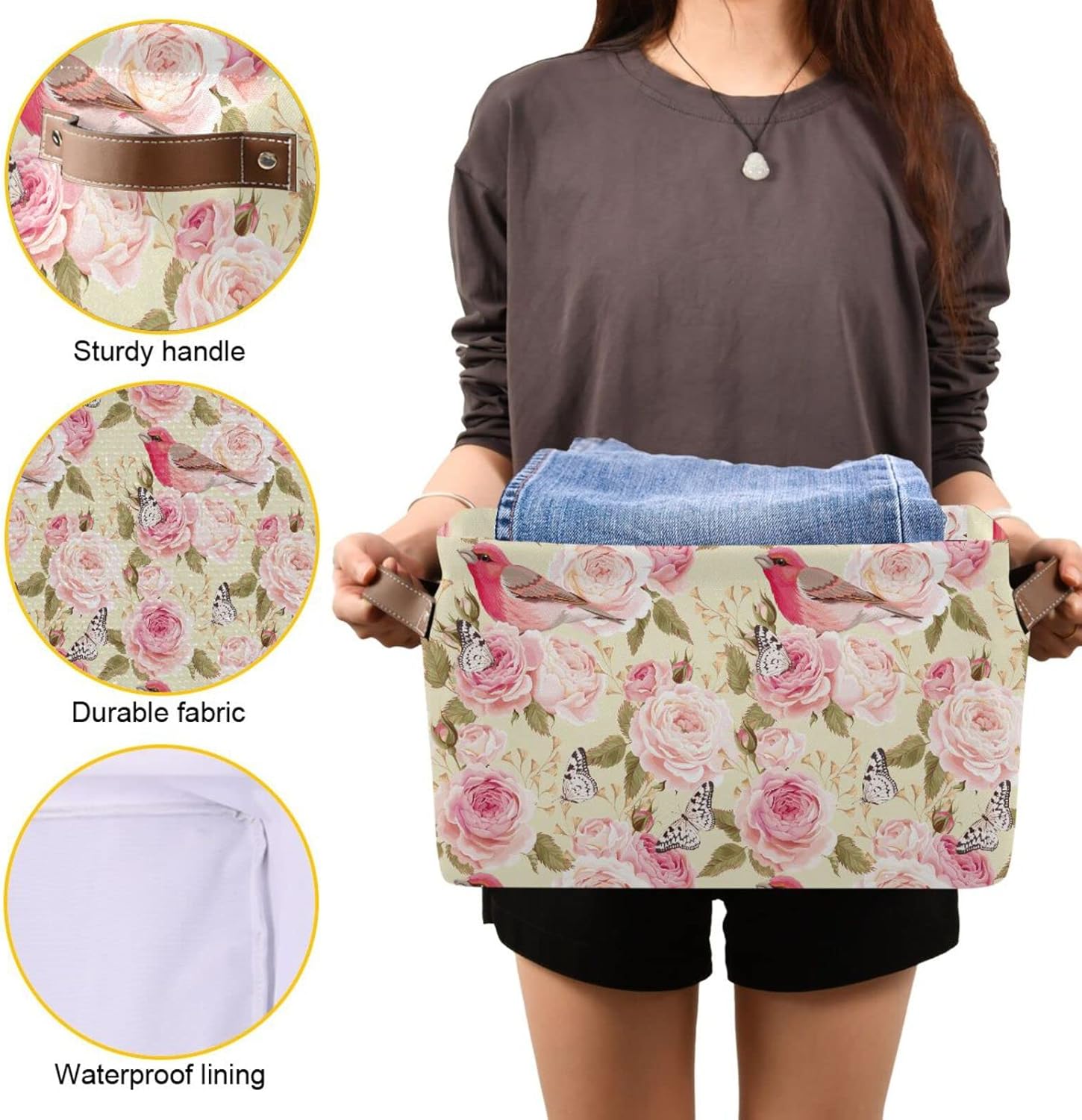 Cesta de almacenamiento con diseño floral de rosas, pájaros y melocotón, canastas plegables e impermeables para estantes con asa resistente para