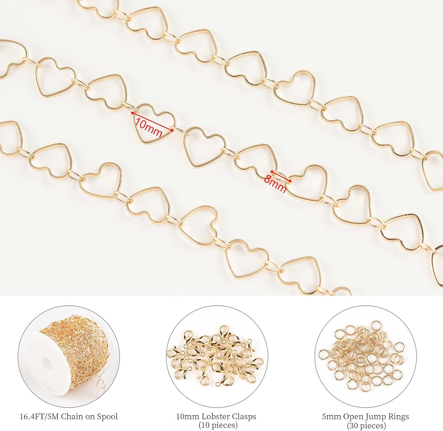 KYUNHOO Cadena de fabricación de joyas chapada en oro KC de 5M Cadenas de corazón de latón macizo a granel en carrete, pulsera, collar, suministros