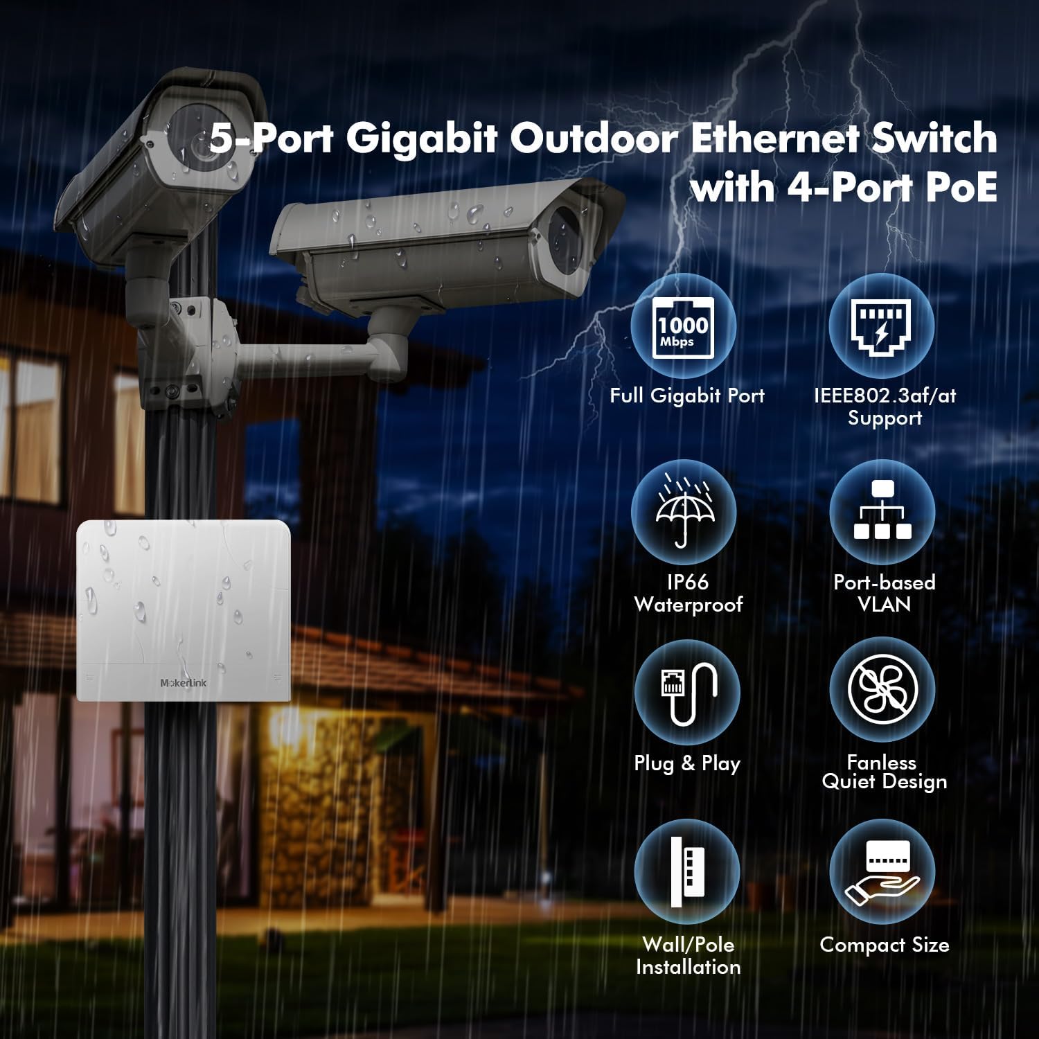 MokerLink Interruptor POE Gigabit para exteriores de 5 puertos, con 4 puertos POE+ de 1000 Mbps, 78 W IEEE802.3afat, interruptor sin ventilador Plug