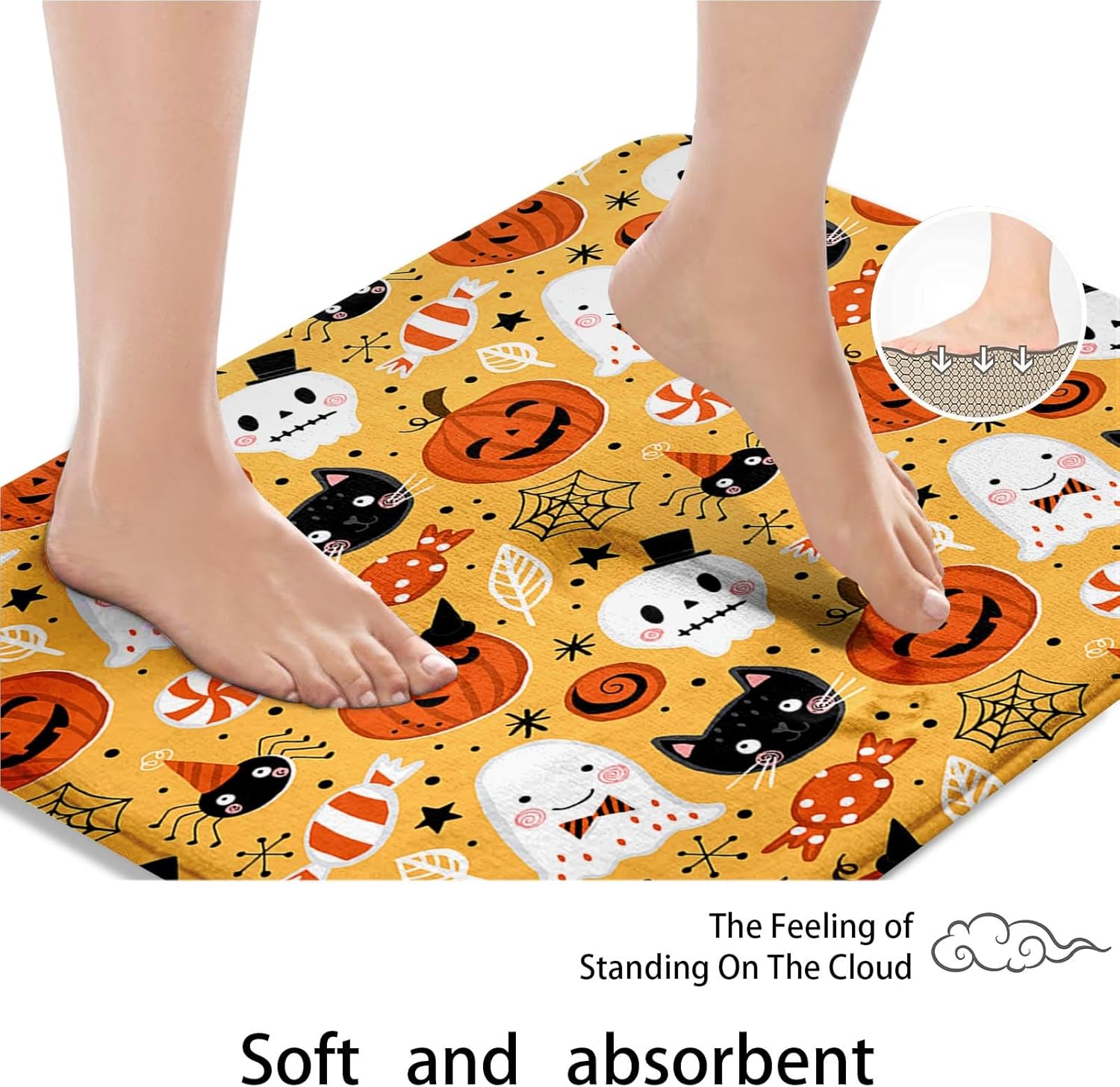 ArtSocket Juego de 3 alfombras y tapetes de baño de calabazas de Halloween, tapetes de baño de terror espeluznantes, antideslizantes, lindos tapetes