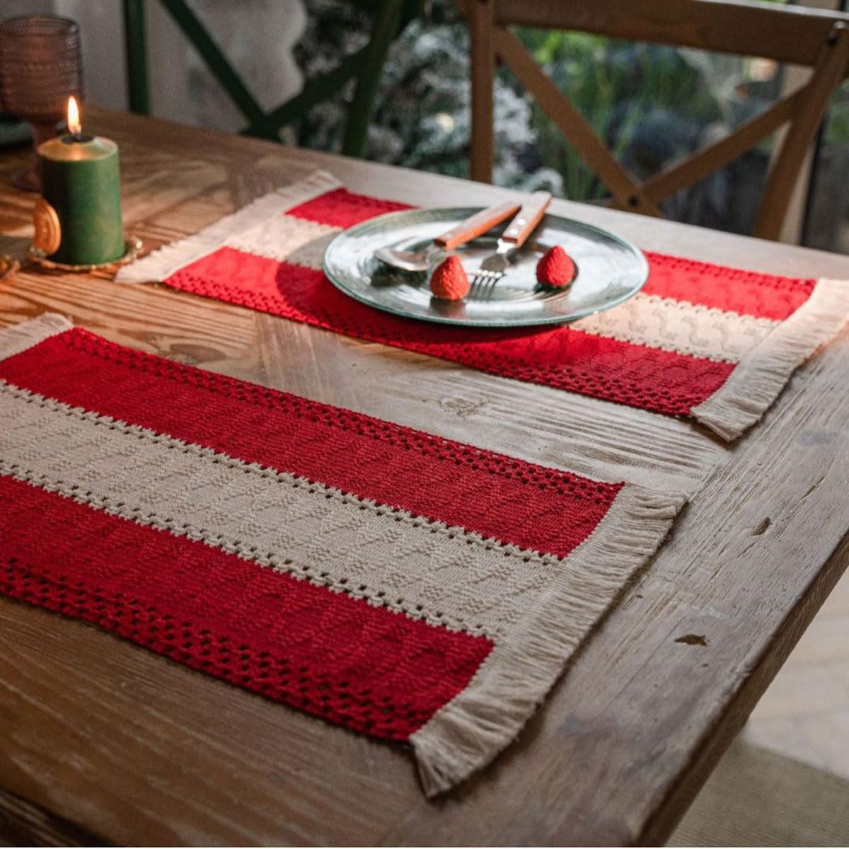 Juego de 4 manteles individuales de mezcla de lino y algodón con borlas, estilo bohemio, macramé, Navidad, Acción de Gracias, rústico, para regalo