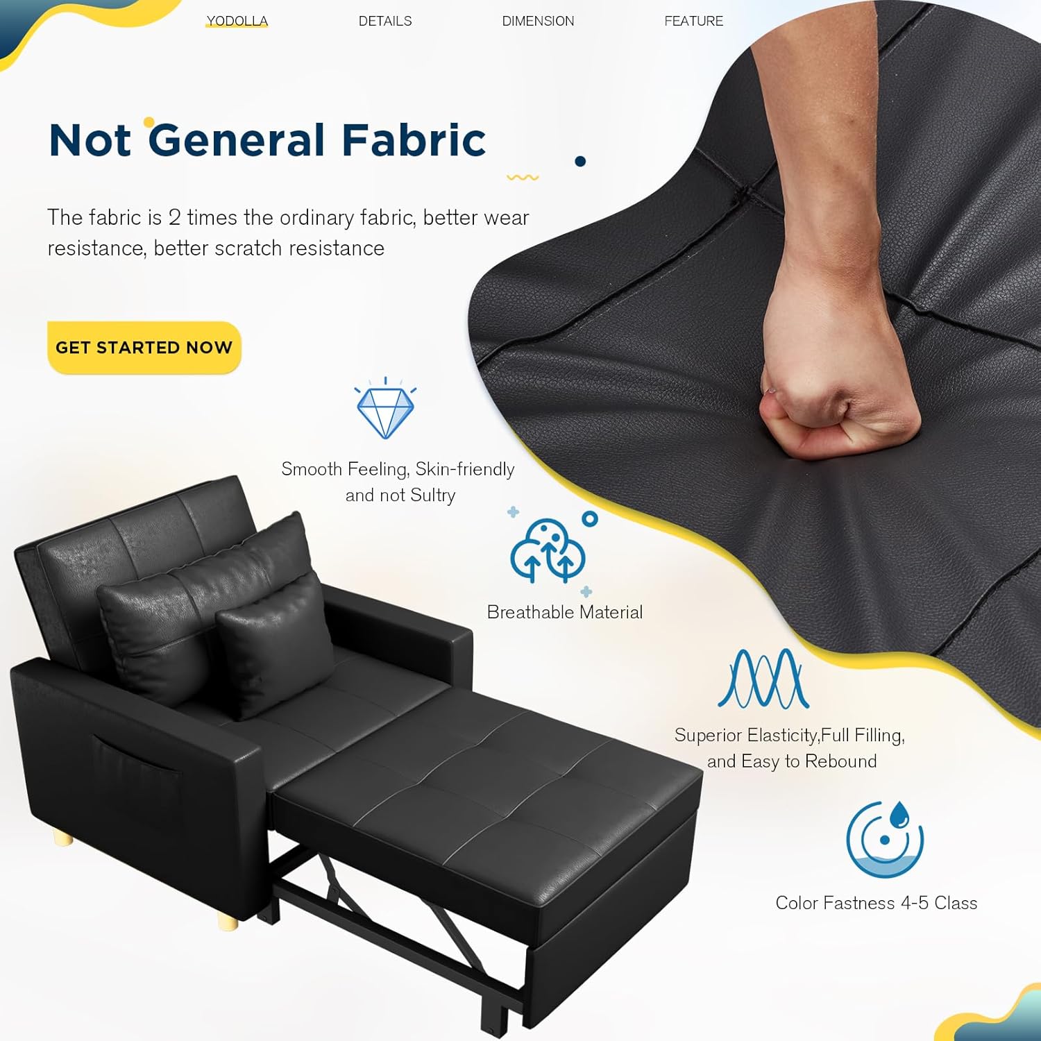 YODOLLA Sofá cama 3 en 1, silla individual con respaldo ajustable en un sofá, tumbona, cama individual, silla convertible para adultos, negro de