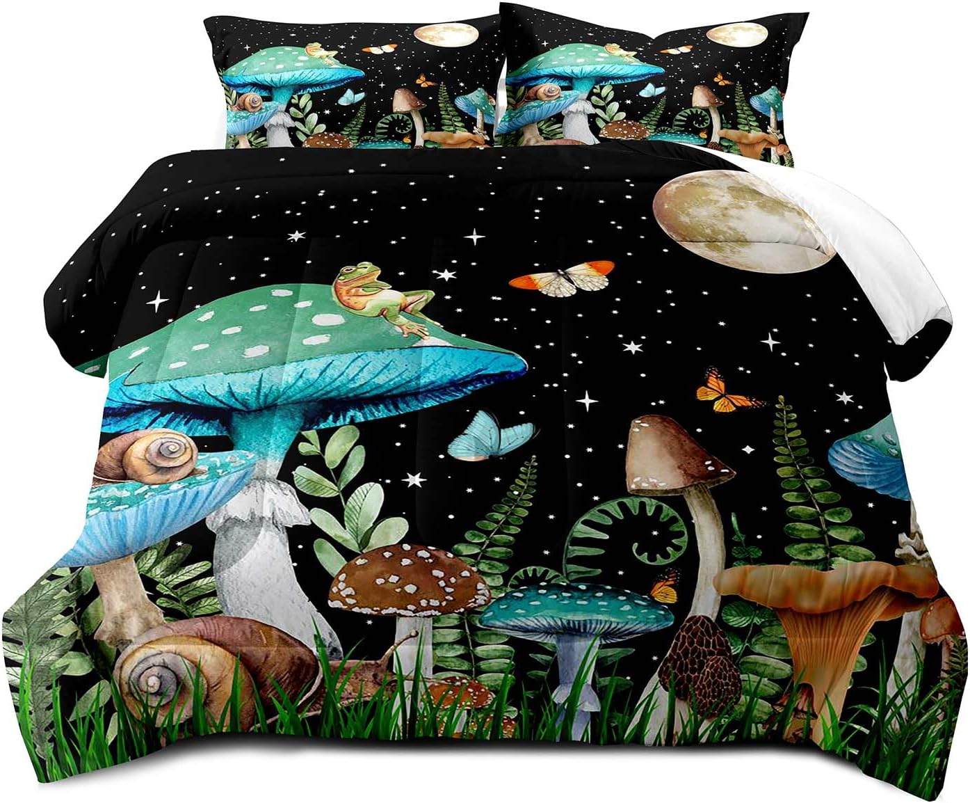 LUVIVIHOME Juego de edredón de 2 piezas, color verde azulado con hongos trippy, tamaño individual, ropa de cama para niños y niñas, plantas