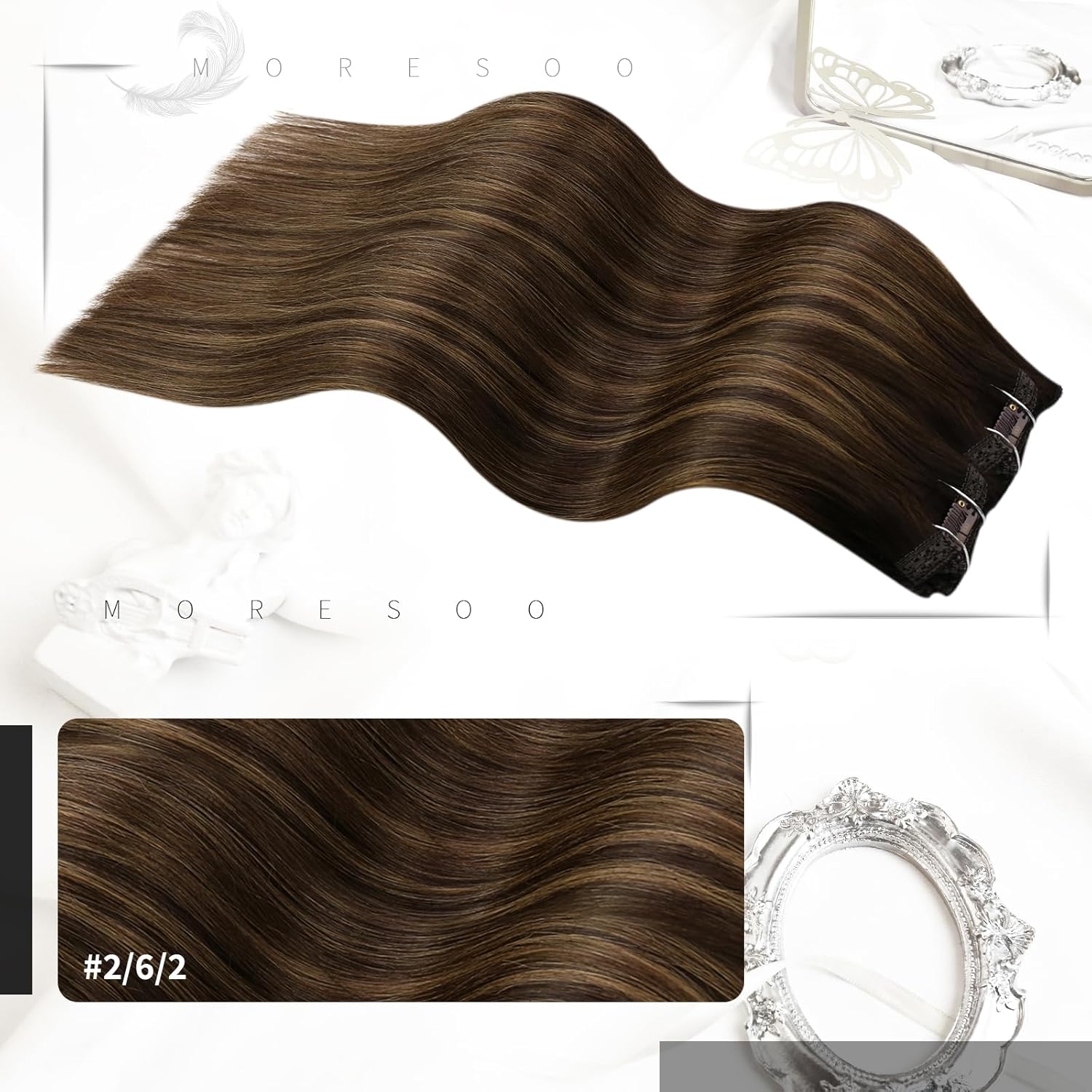 Moresoo Extensiones de cabello humano con clip, color marrón degradado, doble trama, extensiones de cabello humano real, balayage, color marrón