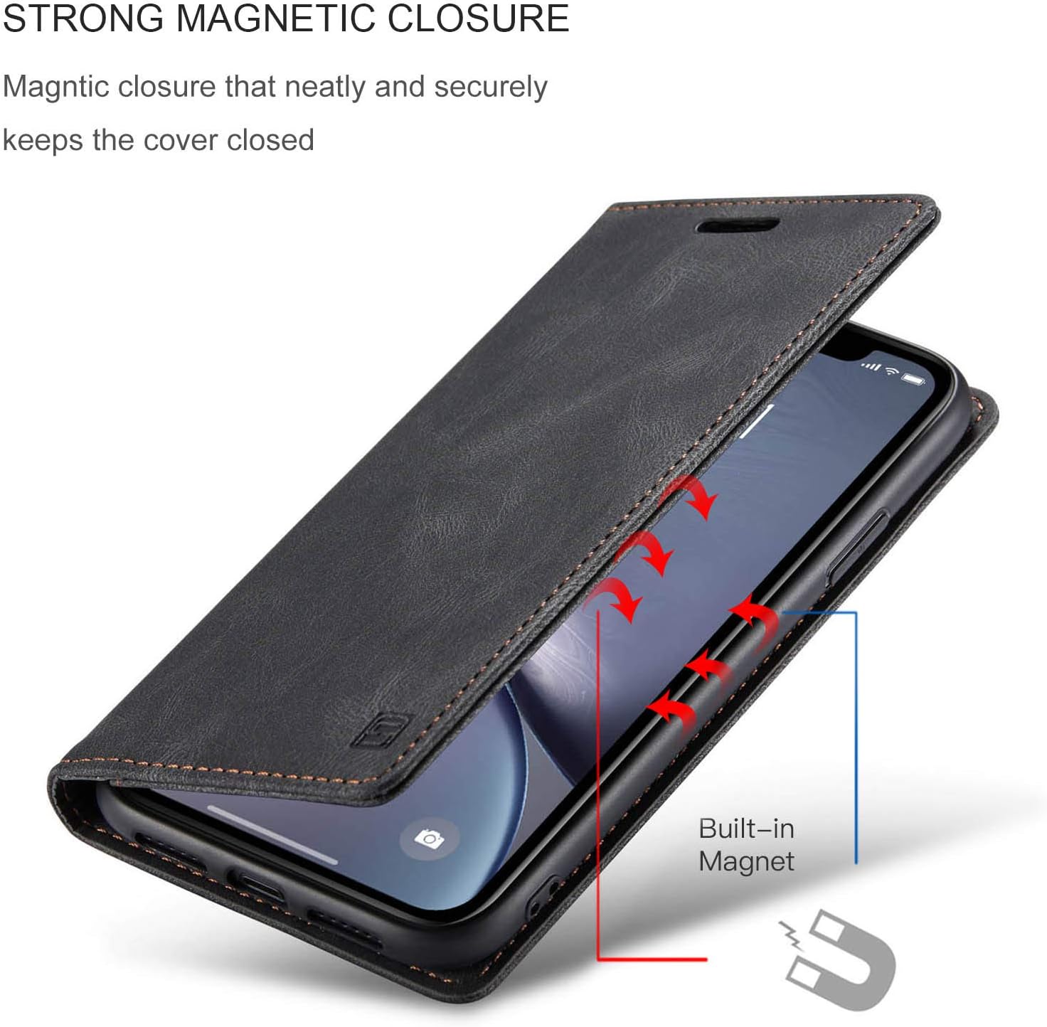 Para iPhone X iPhone Xs Case, Vintage Wallet Case Card Holder Kickstand Funda de cuero con tapa magnética incorporada para iPhone XXS – Negro