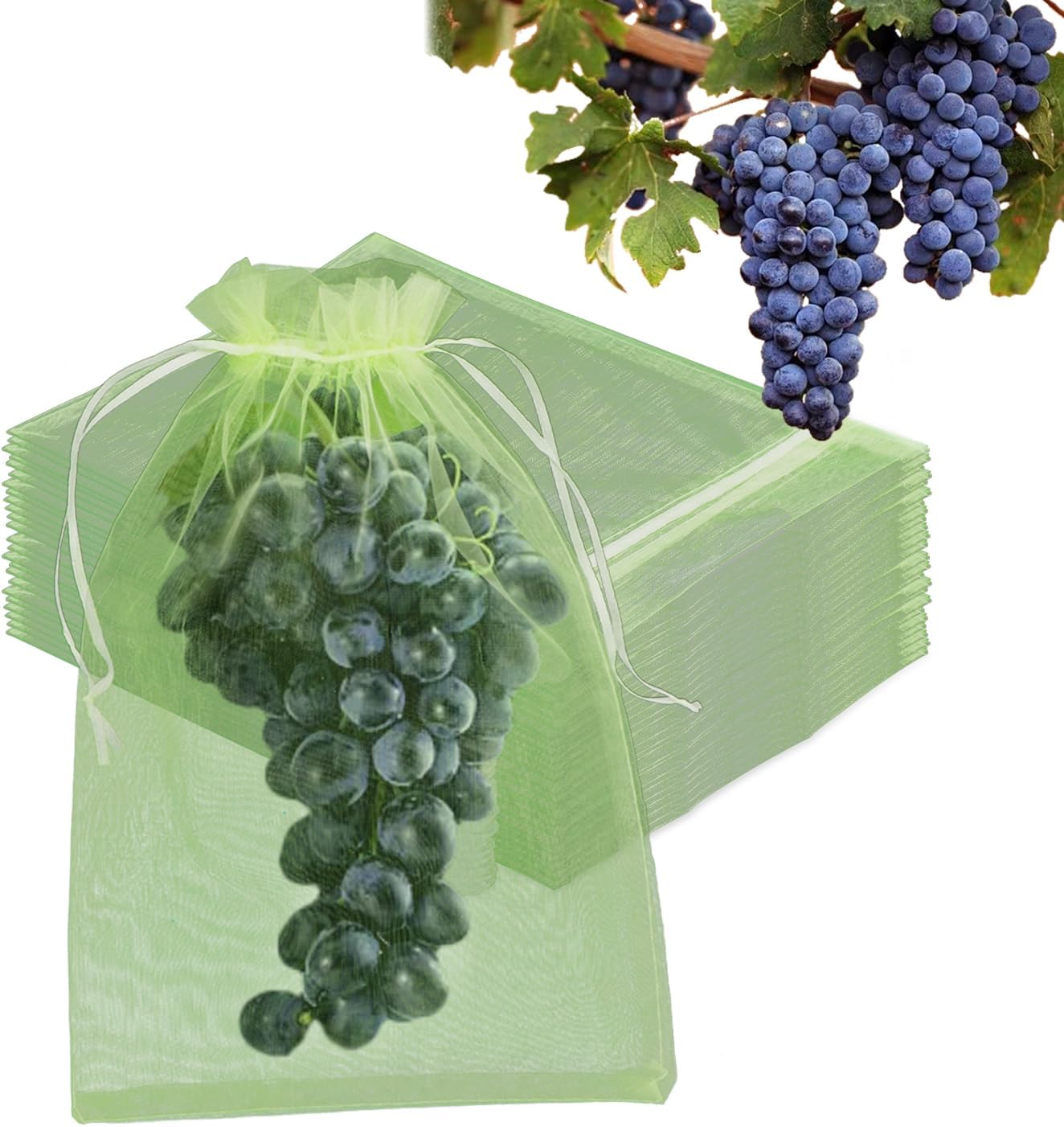 50 bolsas de protección de frutas, 8 x 12 pulgadas, bolsas de red de frutas con cordón de malla para jardín, reutilizables, para plantas de frutas,