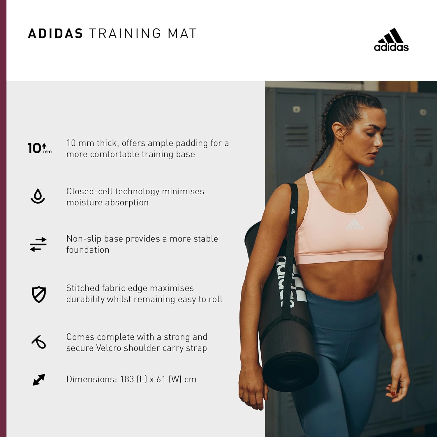 adidas Tapete de entrenamiento extra grueso de 0.394 in con correa de transporte y base texturizada antideslizante, tapete de entrenamiento