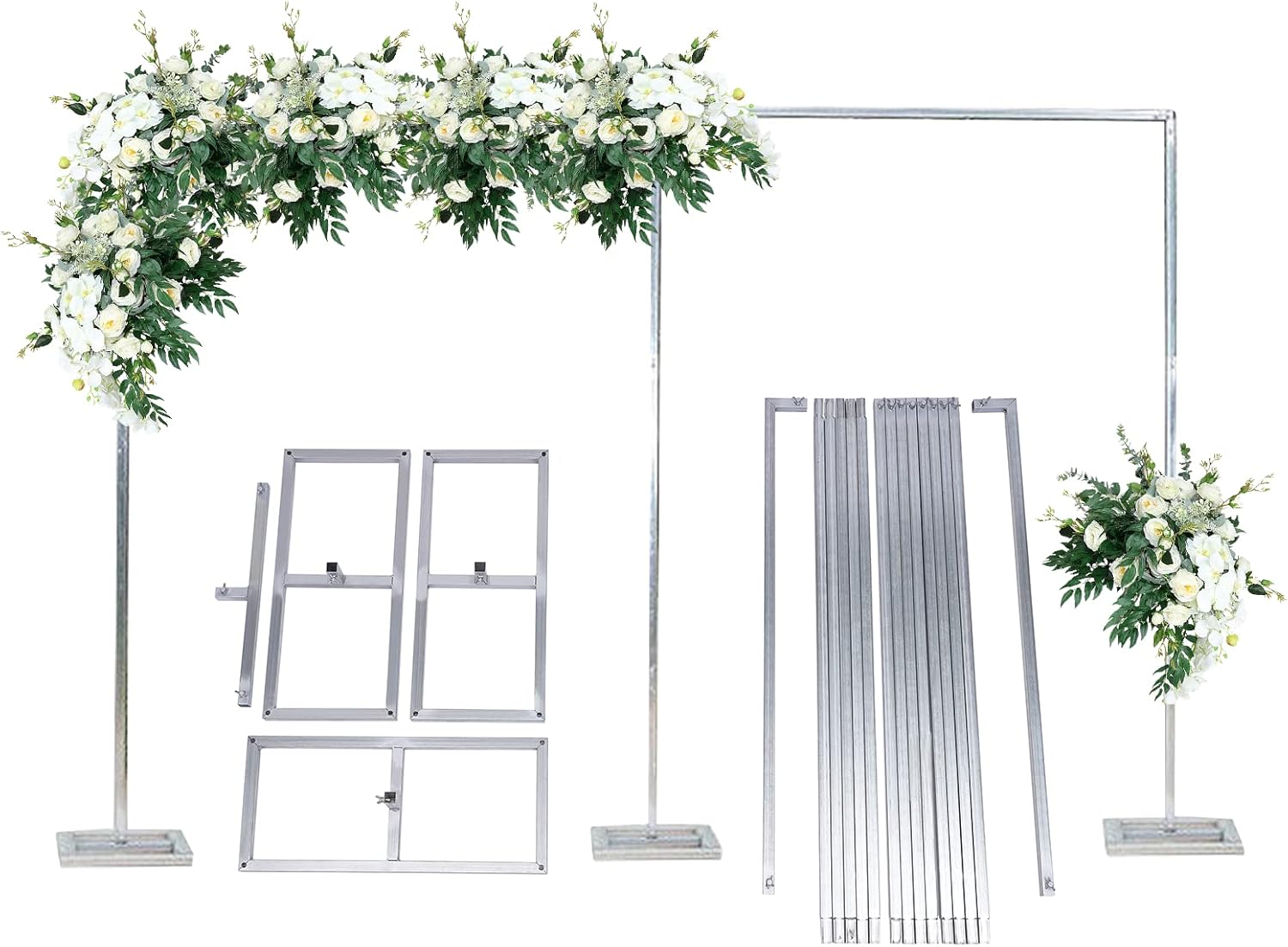 Soporte de telón de fondo de 10 x 20 pies resistente con base, kit de tubo de fondo de boda plateado, soporte cuadrado de arco de globos de metal,