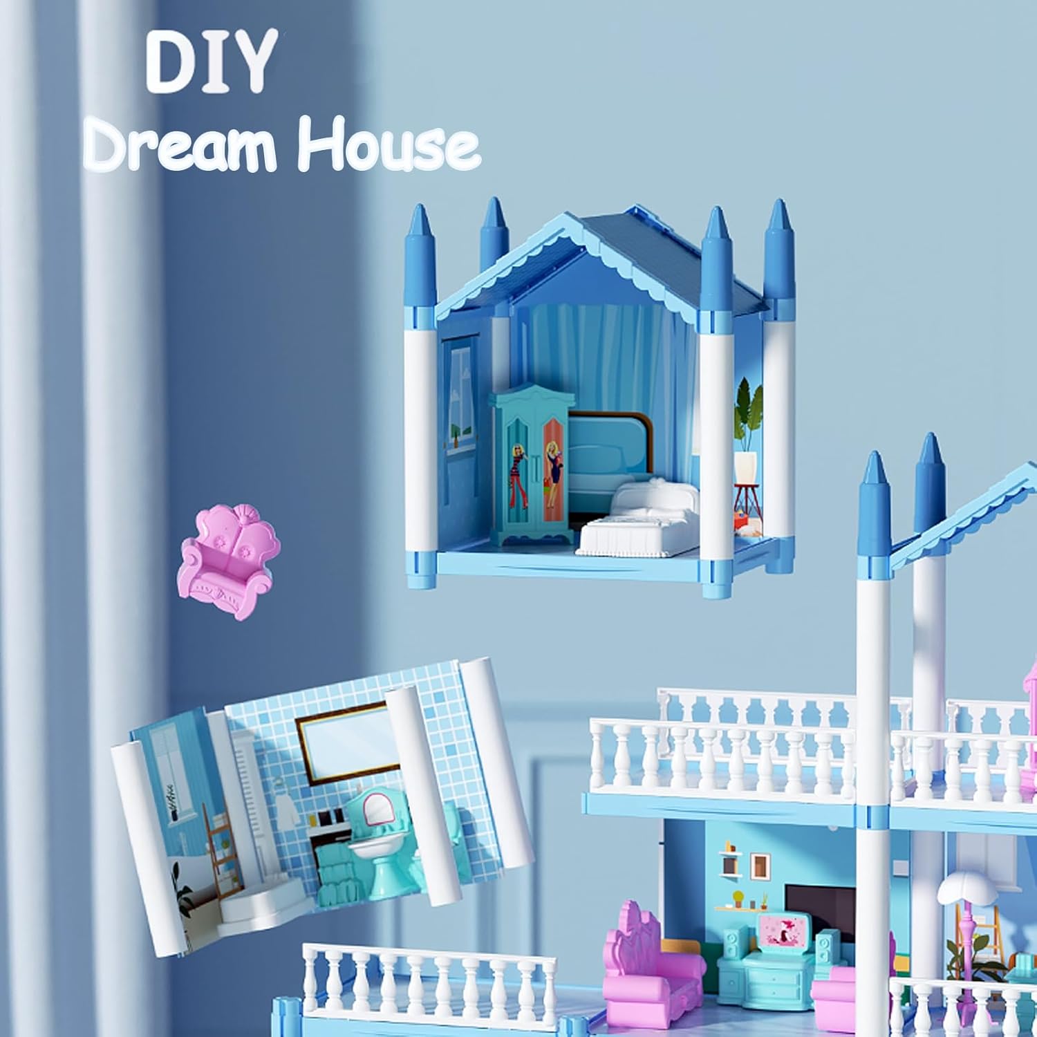 NoTagCat Casa de muñecas para niños, casa de muñecas para niñas, casa de ensueño de princesa con 2 muñecas y accesorios de muebles, regalos de casa