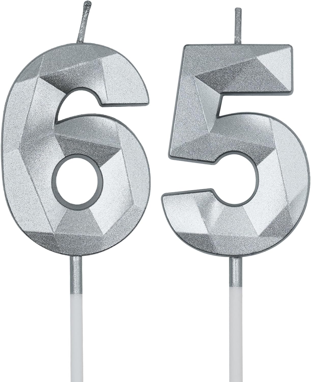 Velas de cumpleaños de 65 y 56 para pastel, número plateado 65 56 3D con forma de diamante, decoración de cumpleaños, suministros de fiesta para