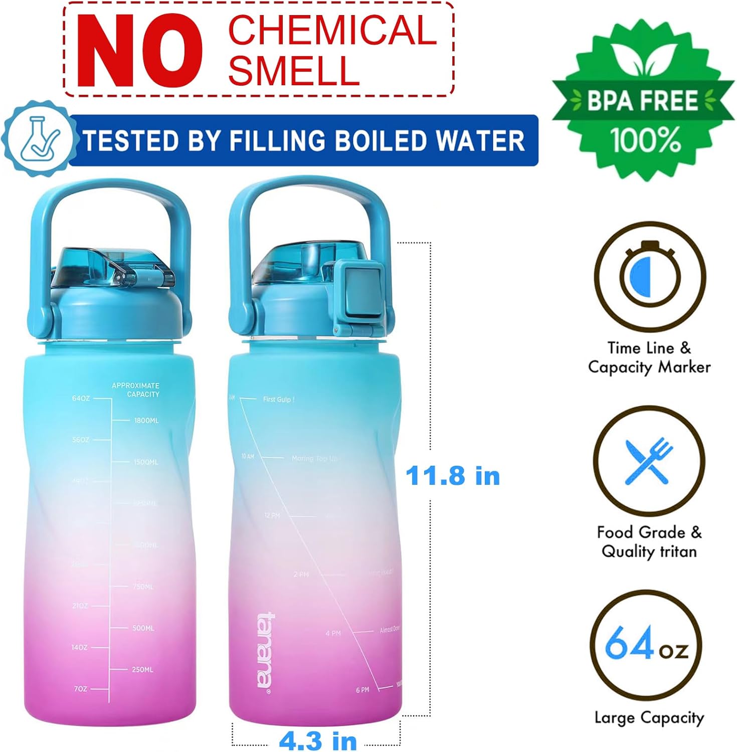 TANANA Botella de agua de medio galón de 64 onzas con manga, sin olor químico, sin fugas, sin tritánBPA, jarra de agua de 12 galón con marcador de