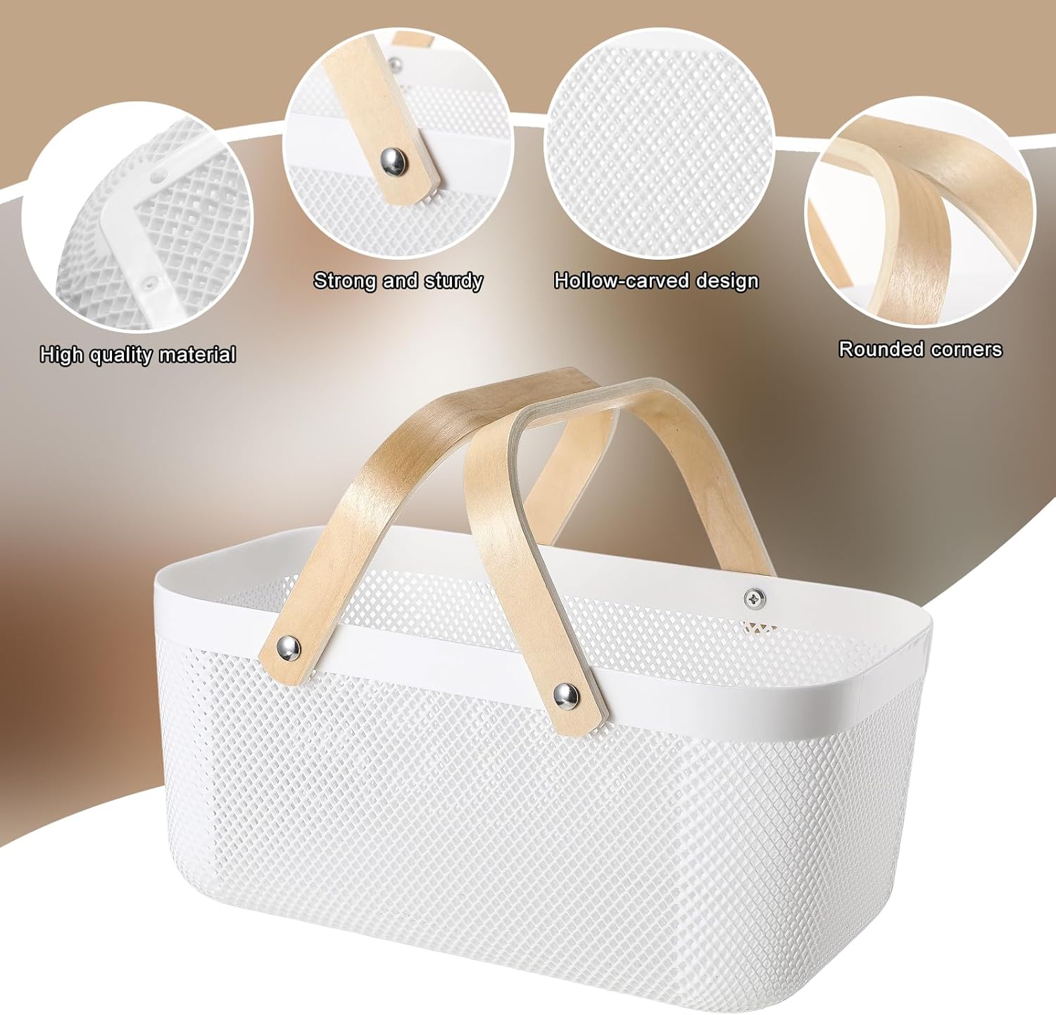 4 cestas de malla de plástico para cosecha de jardín, cesta de malla de almacenamiento con mango de madera, cesta de malla multifuncional para