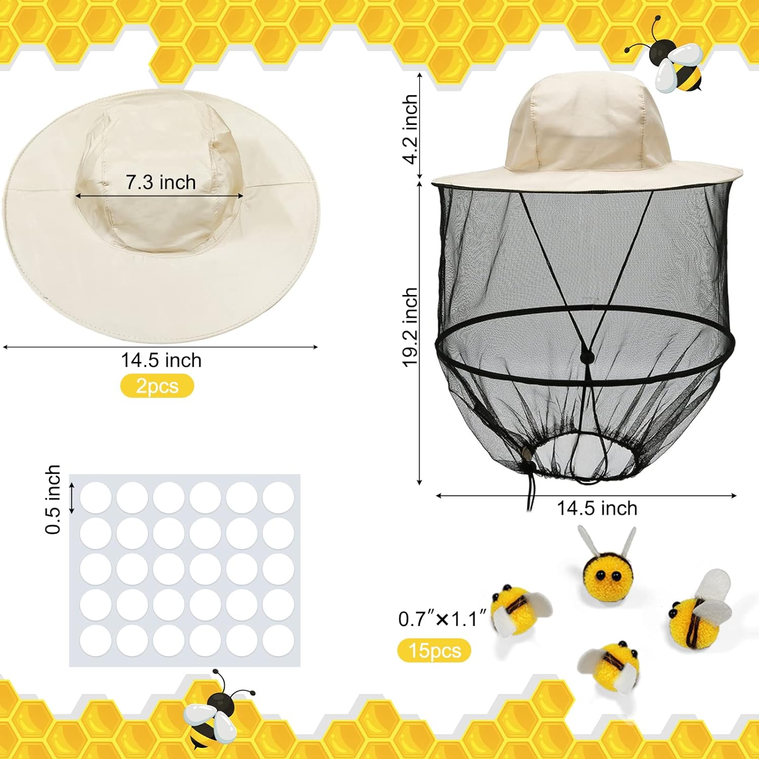 Juego de 47 piezas de apicultores, incluye 2 sombreros de abeja y velo, 15 abejas de bola de pelo y 30 cintas redondas de doble cara, sombreros de