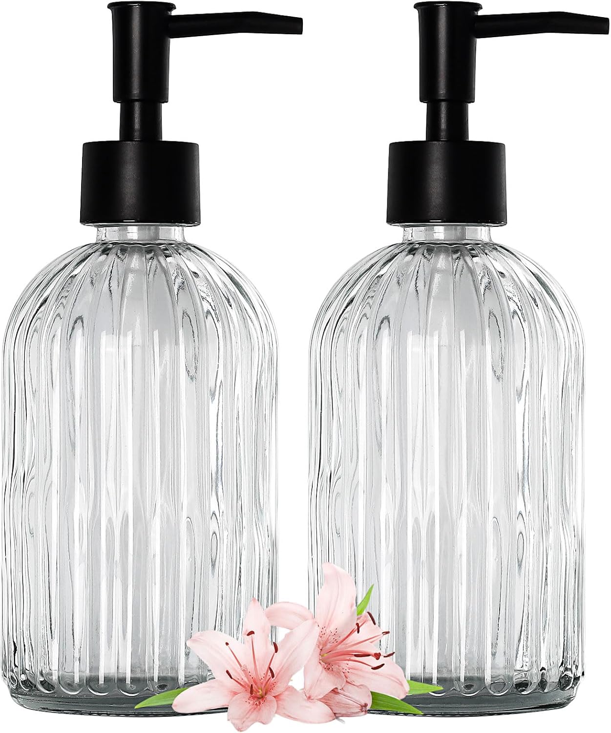 Top-spring Dispensador de jabón de vidrio de 13 onzas, paquete de 2 dispensadores de jabón de loción recargables para baño, fregadero de cocina,