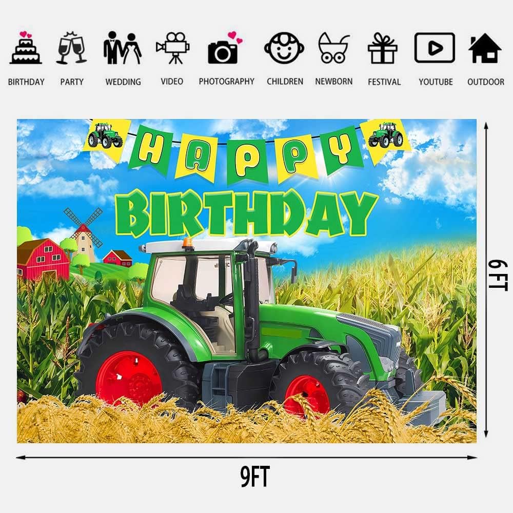 Telón de fondo de tractor de granja para fiesta de cumpleaños, fondos de cultivos verdes, para niños, fiesta de cumpleaños, mesa de postre (9 x 6