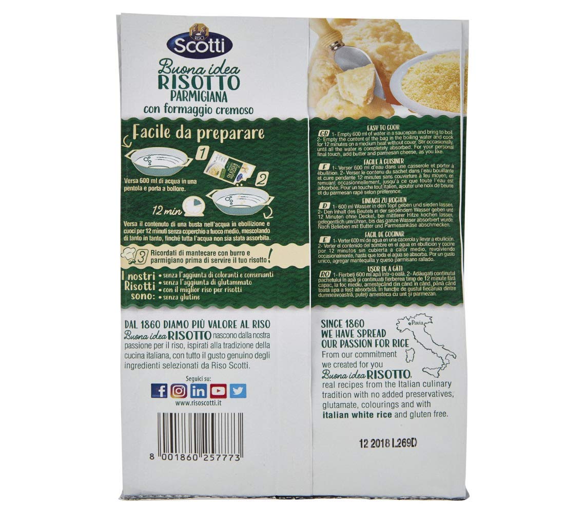 Scotti Arroz “Risotto Parmigiana” con queso crema de parmesano 7.4 onzas (7.41 oz) Paquete de 3 Importación italiana