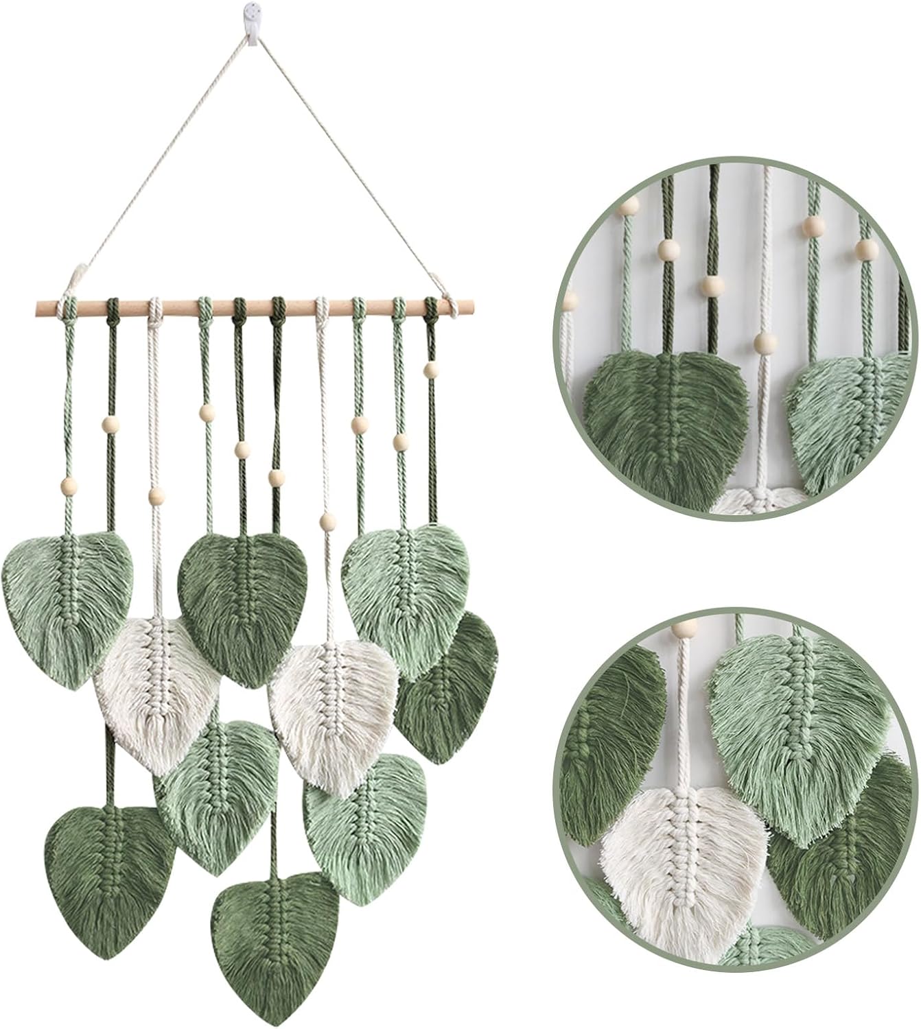 Hojas colgantes de pared de macramé, decoración de pared bohemia con borlas de hojas tejidas con plumas, decoración de pared de plumas de hojas