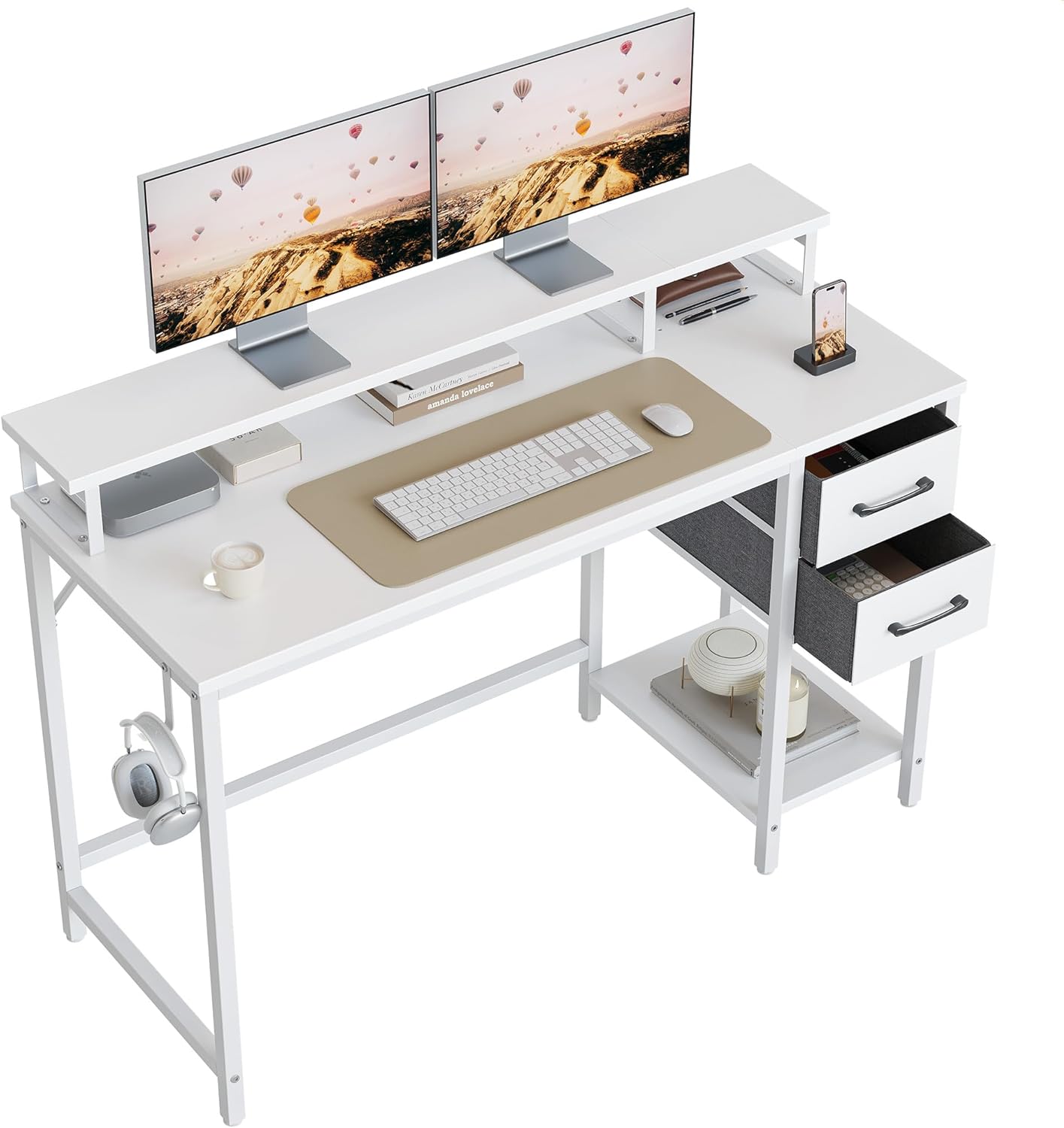 CubiCubi Morden – Escritorio para computadora de 47 pulgadas con cajones y soporte para monitor, escritorio de oficina en casa con almacenamiento,