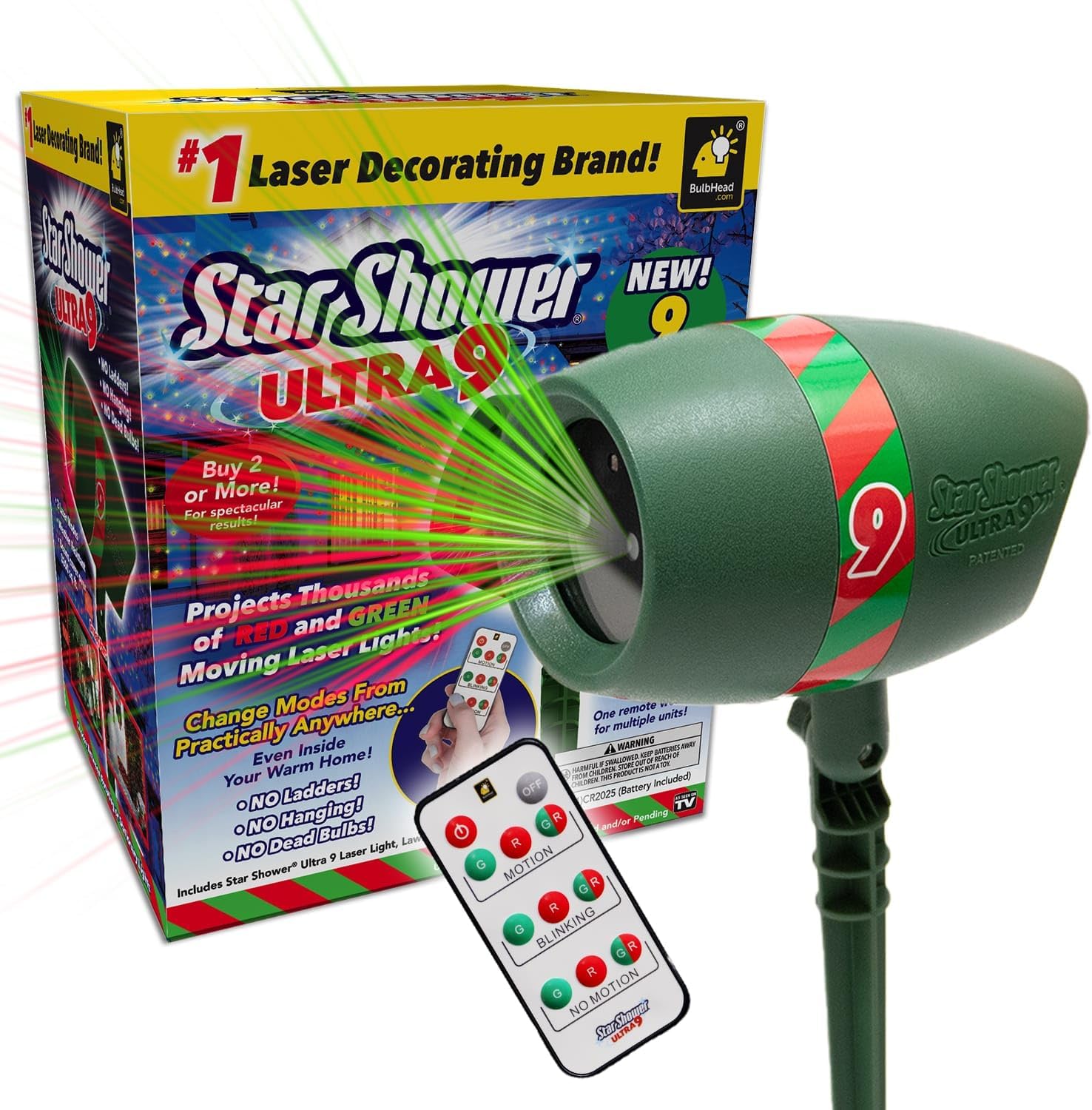 Star Shower Ultra 9 espectáculo de luz láser para exteriores con control remoto, como se ve en la TV, nuevos 9 patrones únicos, duchas para el hogar