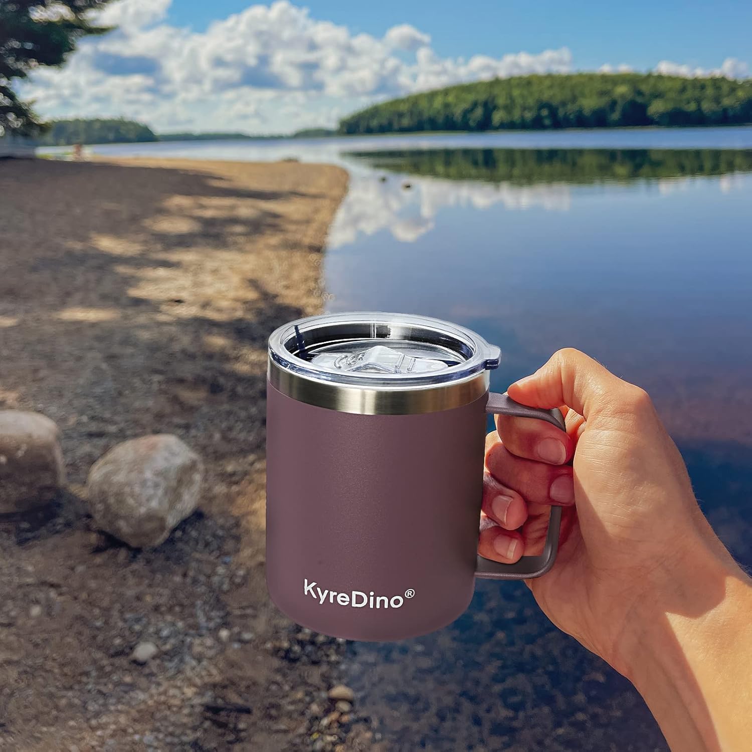 Taza de café aislada con tapa, taza de café de acero inoxidable de 12 onzas, taza de viaje de café al vacío de doble pared con asa, recubrimiento en