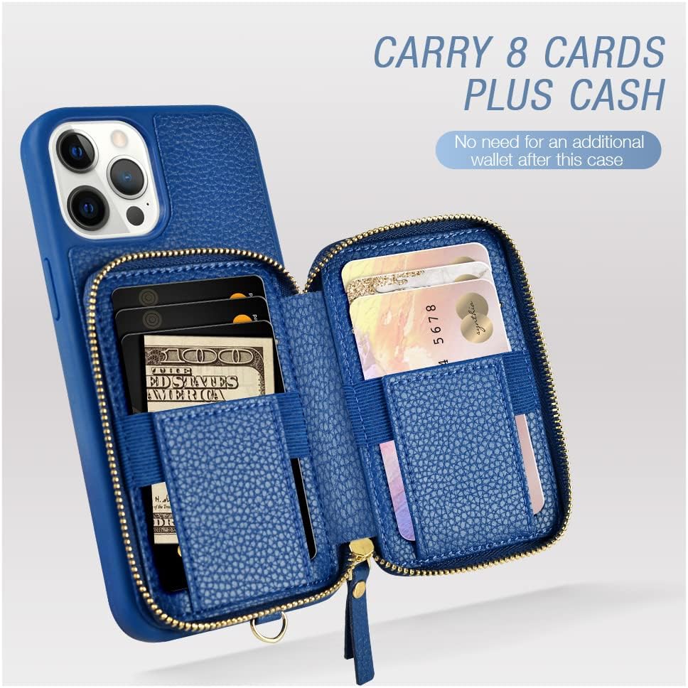 ZVE Funda tipo cartera para iPhone 12 y 12 Pro, con bloqueo RFID y correa para la muñeca para mujer, funda de piel con bloqueo RFID para iPhone 12