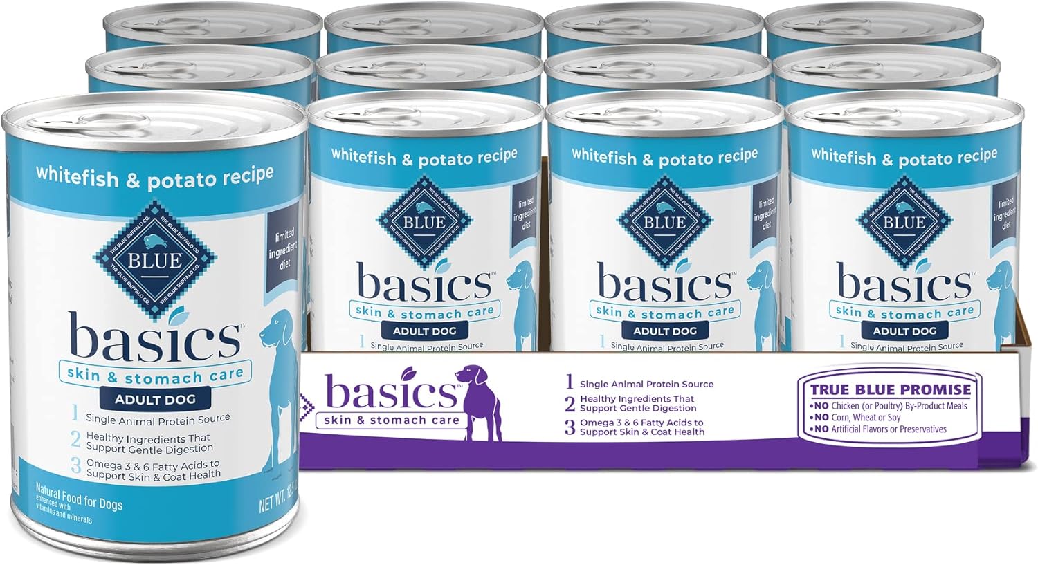Blue Buffalo Basics Skin & Stomach Care, alimento húmedo natural para perros adultos, sin granos, latas de pescado blanco, latas de 12.5 onzas