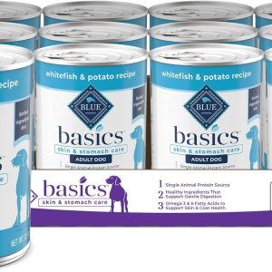Blue Buffalo Basics Skin & Stomach Care, alimento húmedo natural para perros adultos, sin granos, latas de pescado blanco, latas de 12.5 onzas Blue Buffalo Basics Skin & Stomach Care, alimento húmedo natural para perros adultos, sin granos, latas de pescado blanco, latas de 12.5 onzas