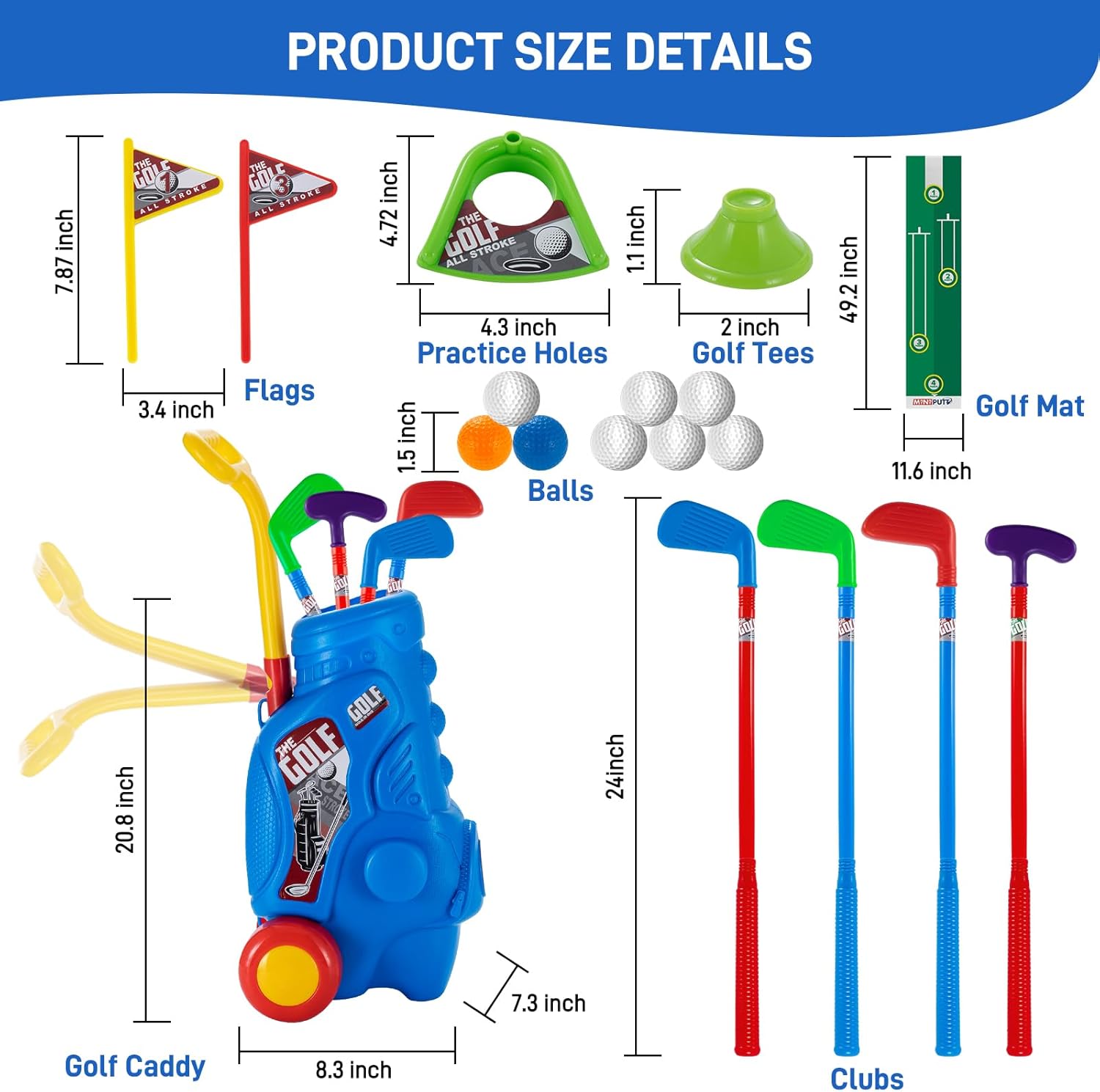 Sukabala Juego de golf para niños pequeños, palos de golf para niños con carrito de golf, tapete de puting, 4 palos, 2 agujeros de práctica, 8