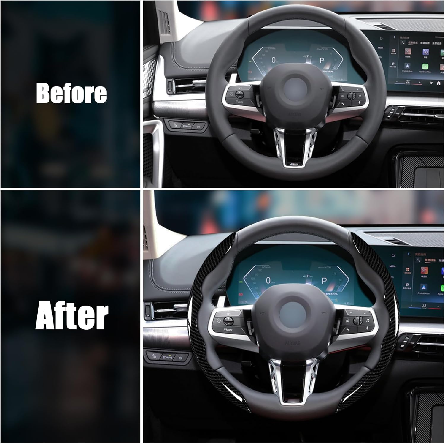 Universal 2 piezas de fibra de carbono cubierta de volante antideslizante segmentado coche volante cubiertas protectores de volante