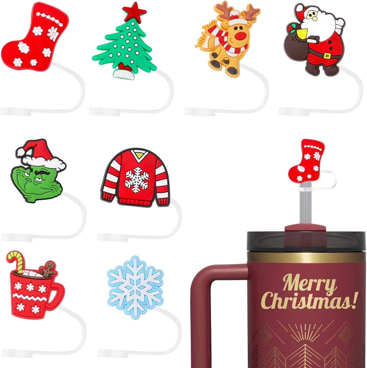 10 fundas de popote de silicona para vasos Stanley de 30 y 40 onzas, estilo navideño, tapa de paja de 0.394 in04 pulgadas, para todos los popotes de