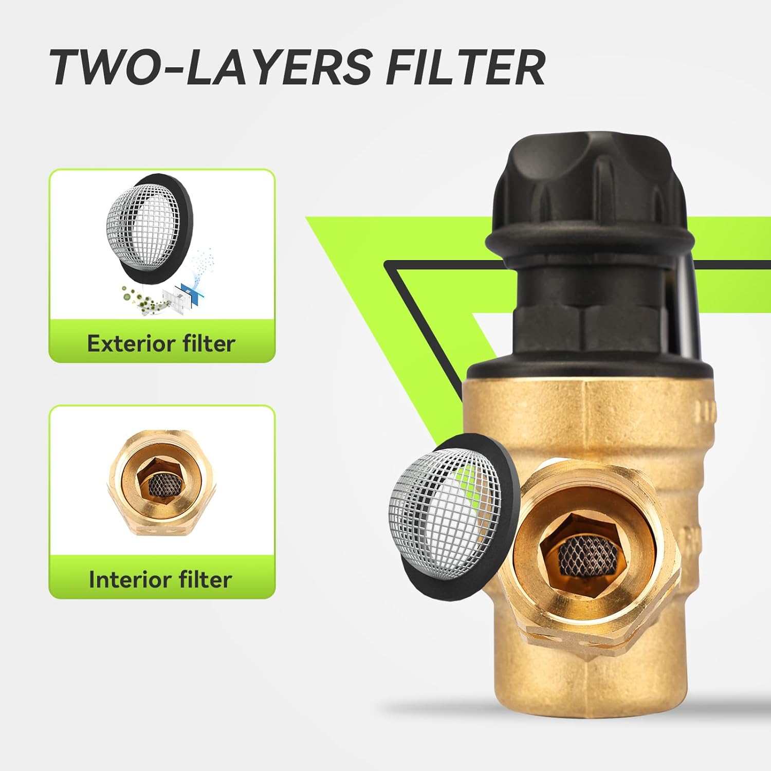 RVMATE Regulador de presión de agua RV con perilla ajustable, kit reductor de presión de agua de latón sin plomo, válvula ajustable con filtro de