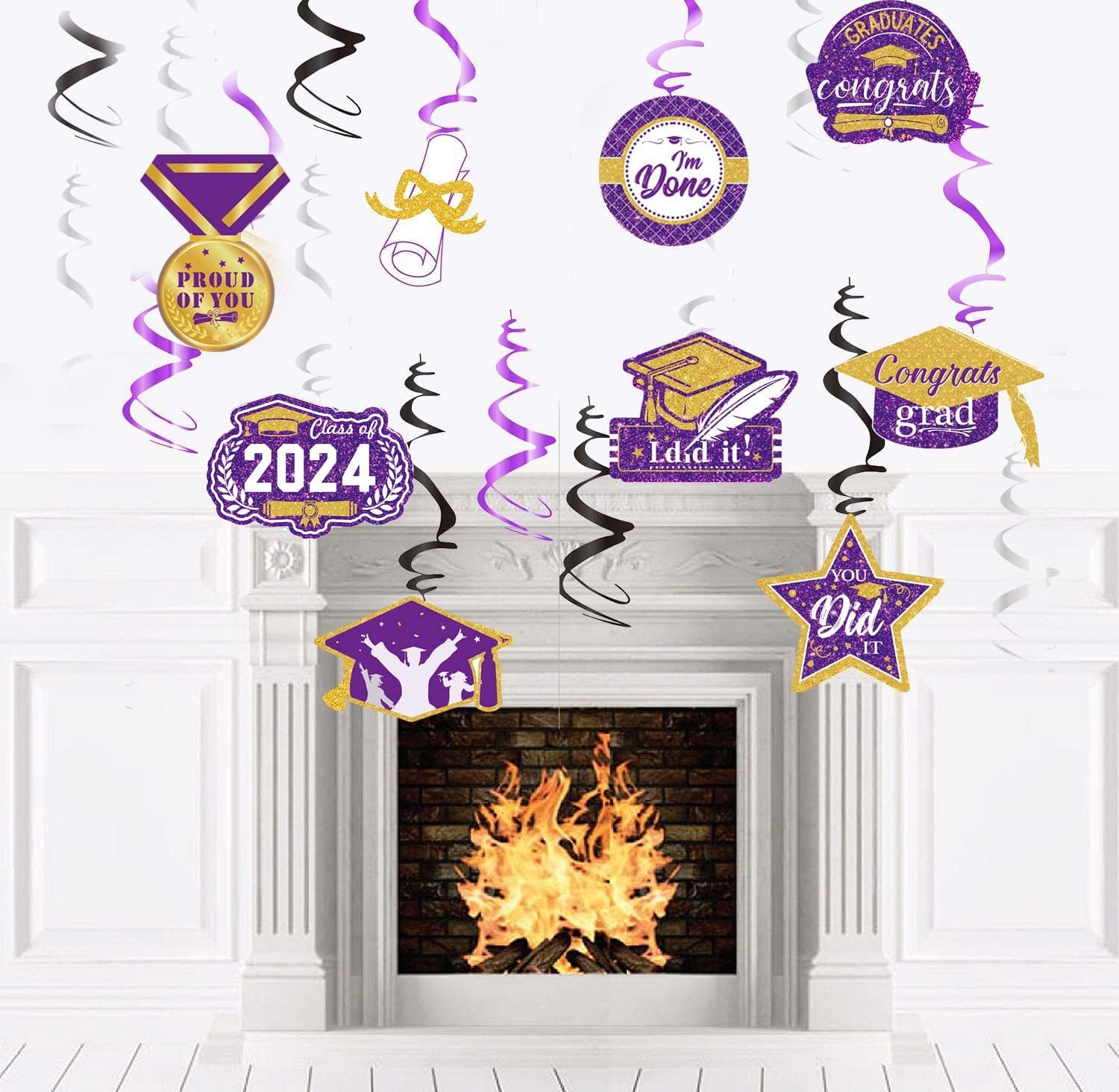 Decoraciones de graduación morado, negro y dorado 2024morado dorado, decoraciones de fiesta de graduación NYU, 15 espirales colgantes de clase de