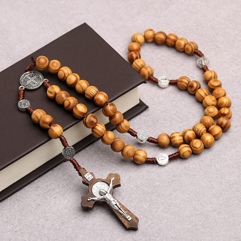 TEMSOOM Crucifijo de pared, cruz católica hecha a mano con cuentas de rosario de madera, collar de cruz de madera, colgante pectoral de crucifijo,